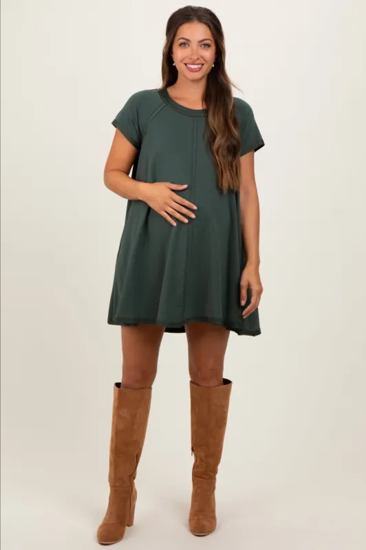 Forest Green French Terry Basic Short Sleeve Maternity Mini Dress sold by Pinkblush