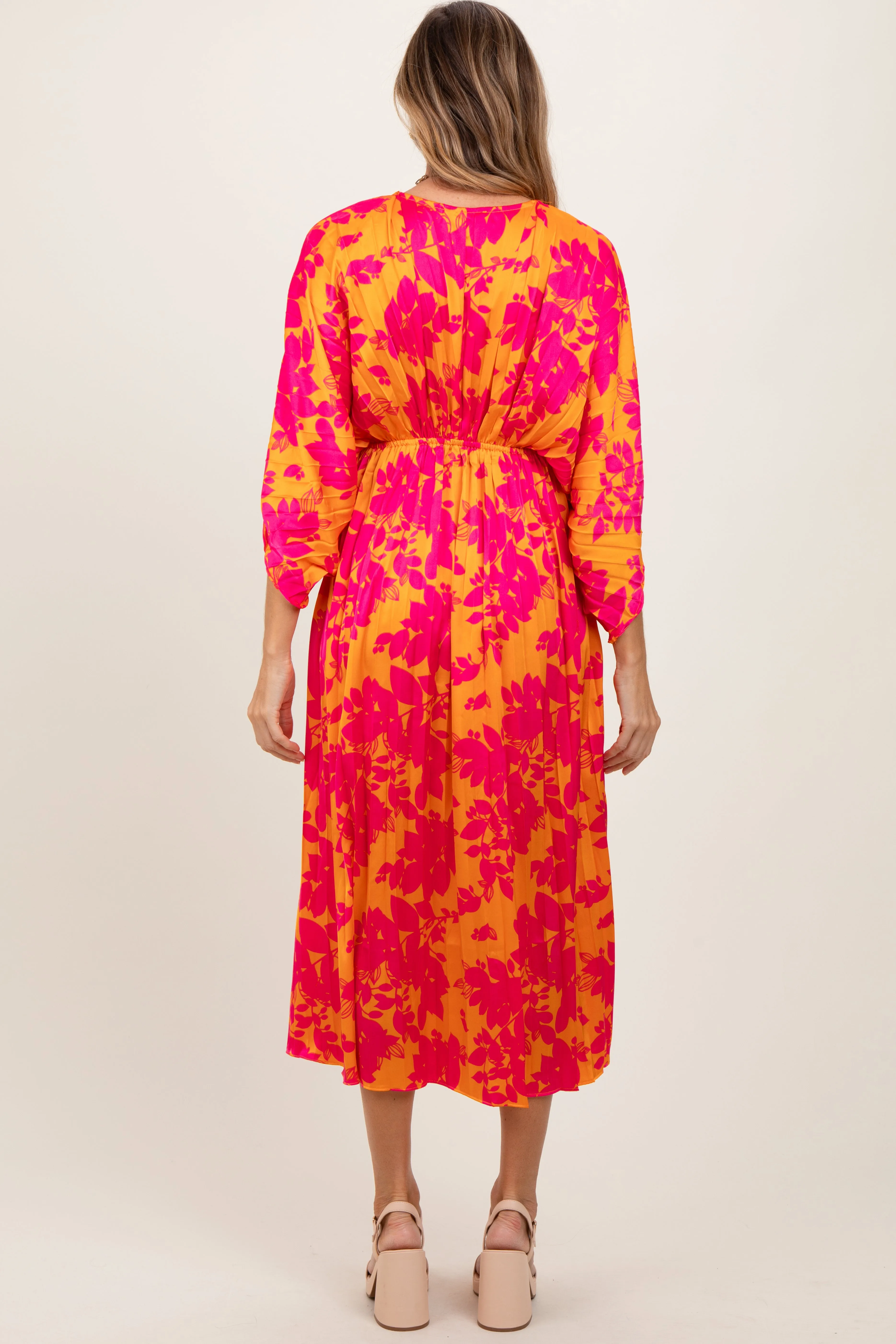 Orange Floral Satin Pleated V-Neck Maxi Dress sold by Pinkblush product image thumbnail 2