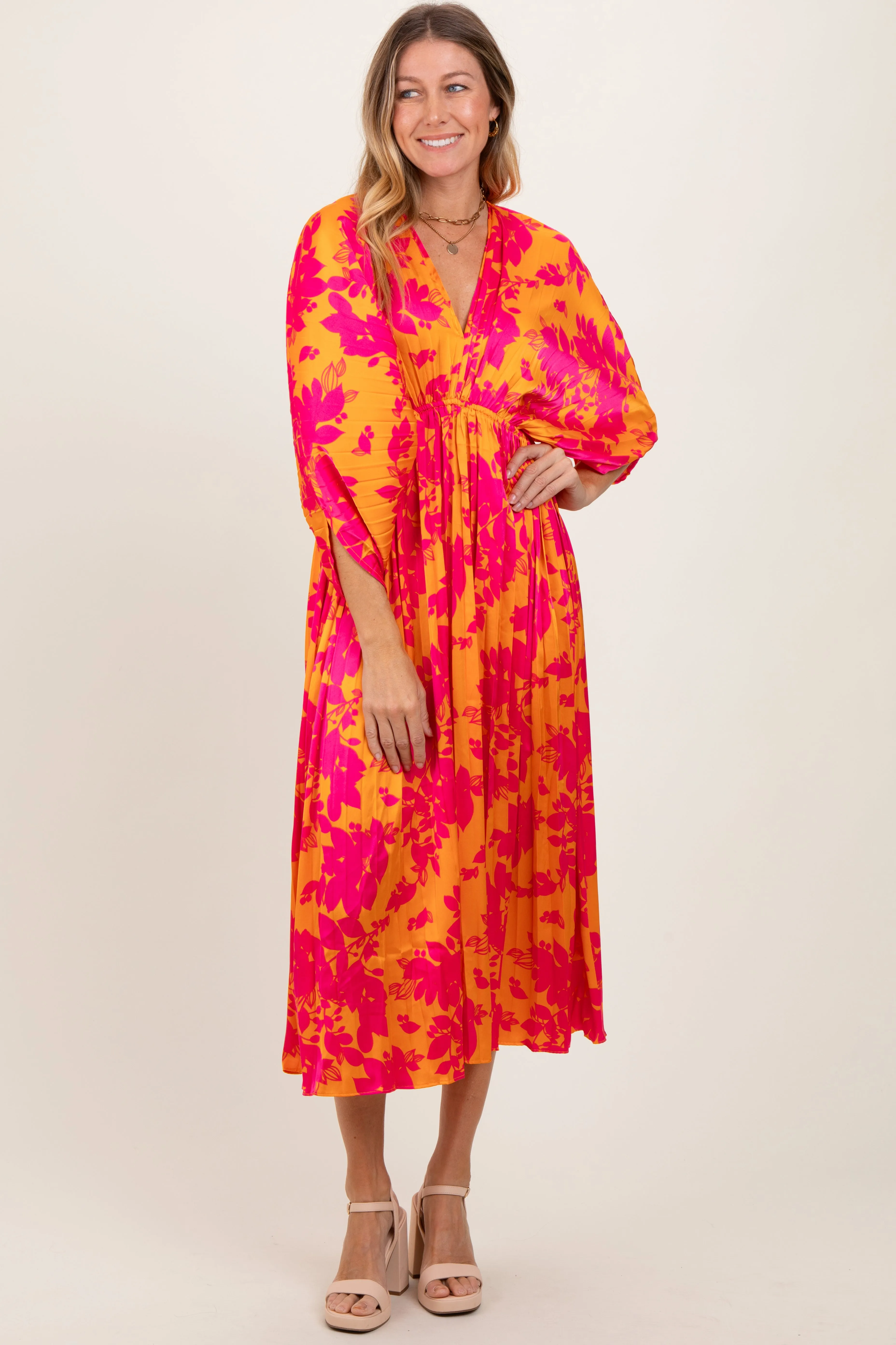Orange Floral Satin Pleated V-Neck Maxi Dress sold by Pinkblush