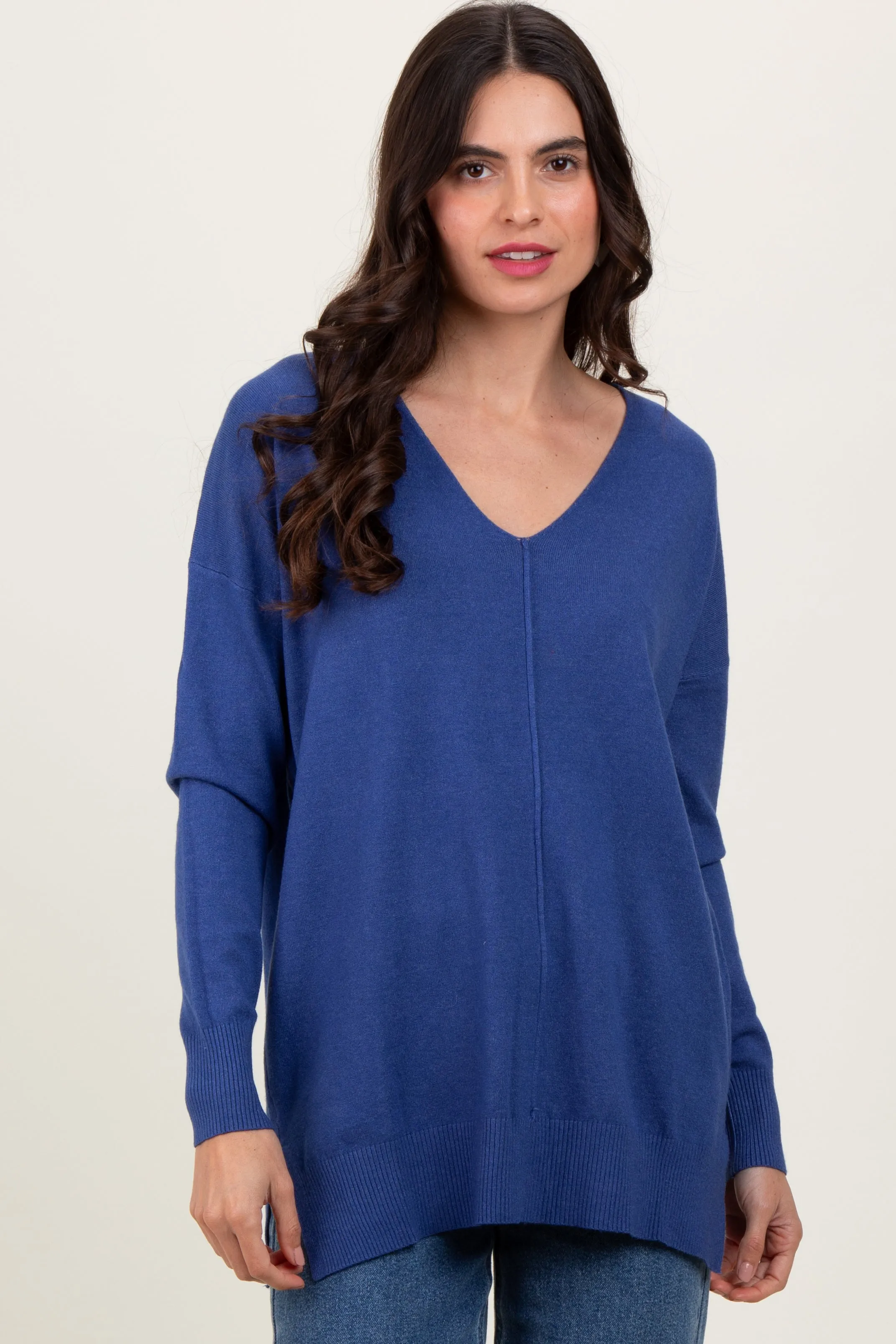 Light Navy Seam V-Neck Side Slit Maternity Sweater sold by Pinkblush product image thumbnail 5