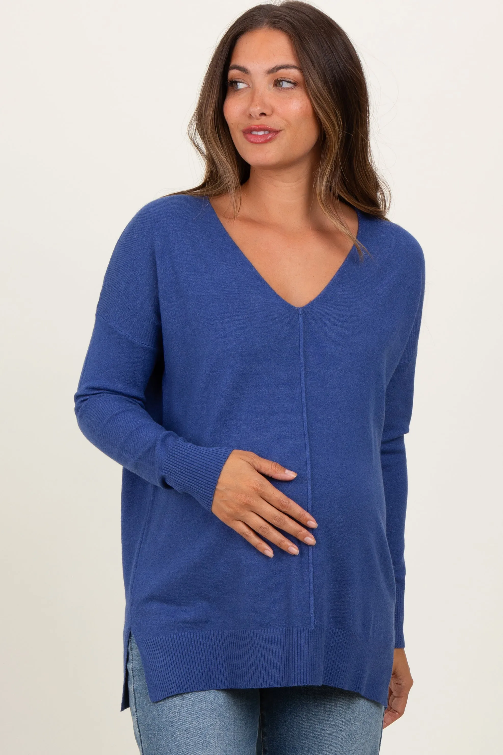 Light Navy Seam V-Neck Side Slit Maternity Sweater sold by Pinkblush product image thumbnail 2