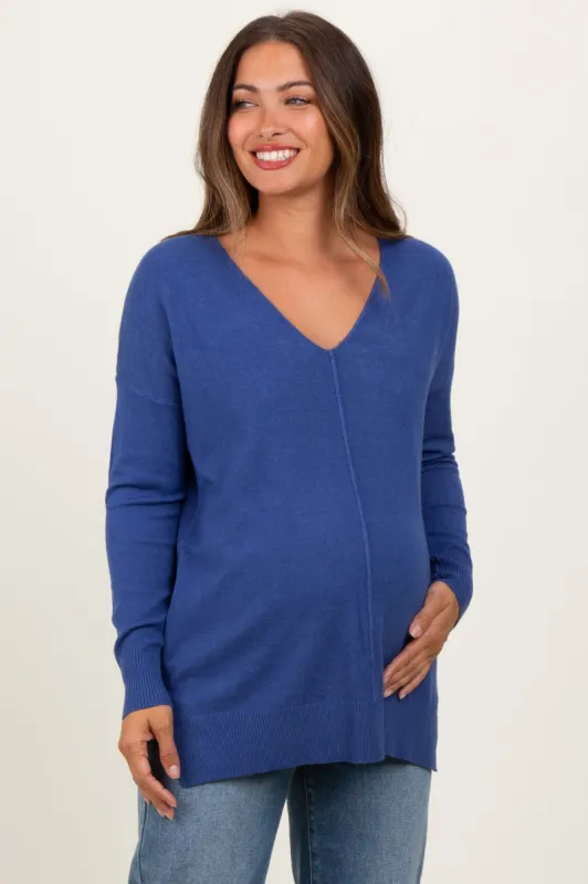 Light Navy Seam V-Neck Side Slit Maternity Sweater sold by Pinkblush