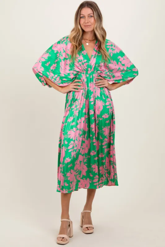 Green Floral Satin Pleated V-Neck Maxi Dress sold by Pinkblush