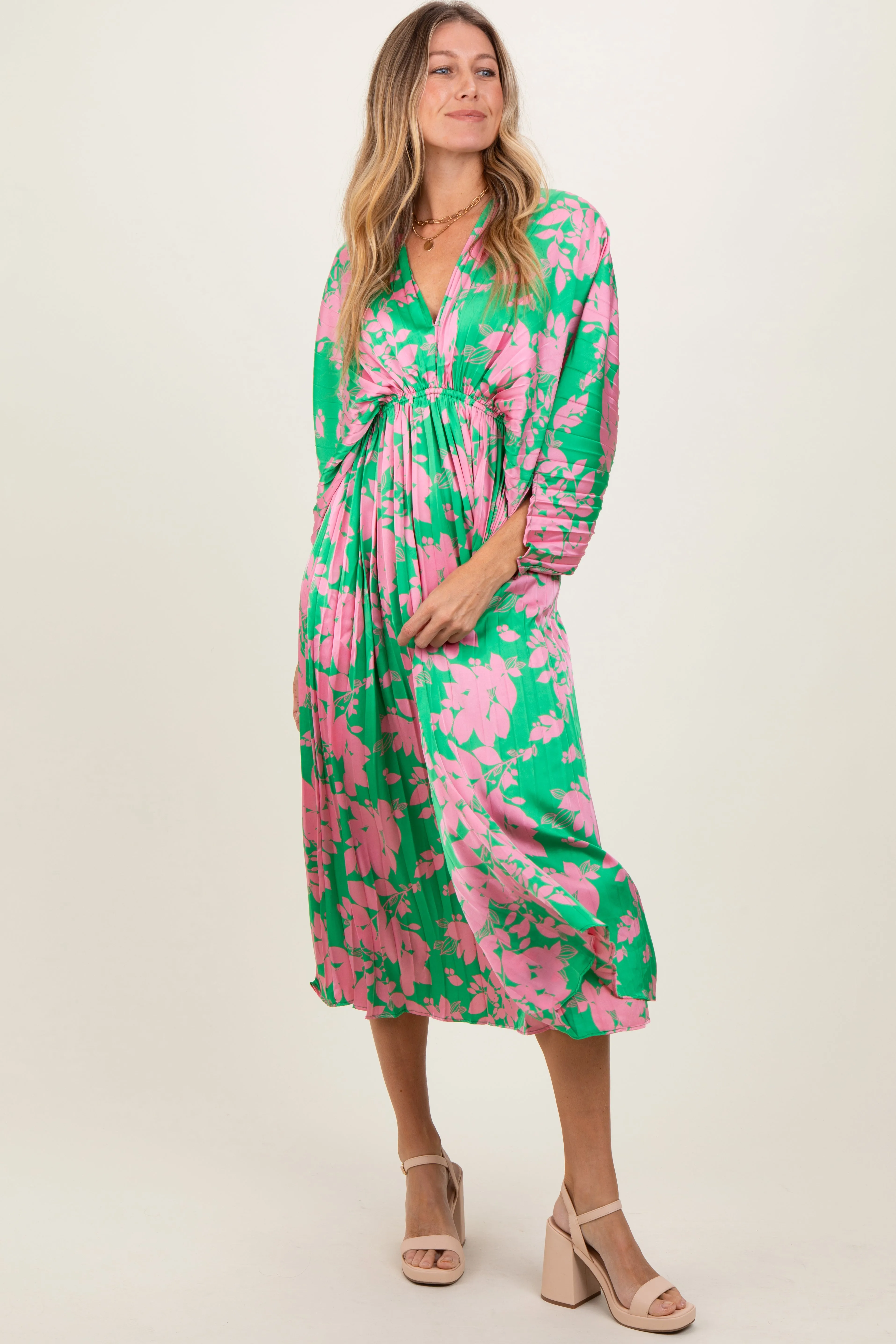 Green Floral Satin Pleated V-Neck Maxi Dress sold by Pinkblush product image thumbnail 2
