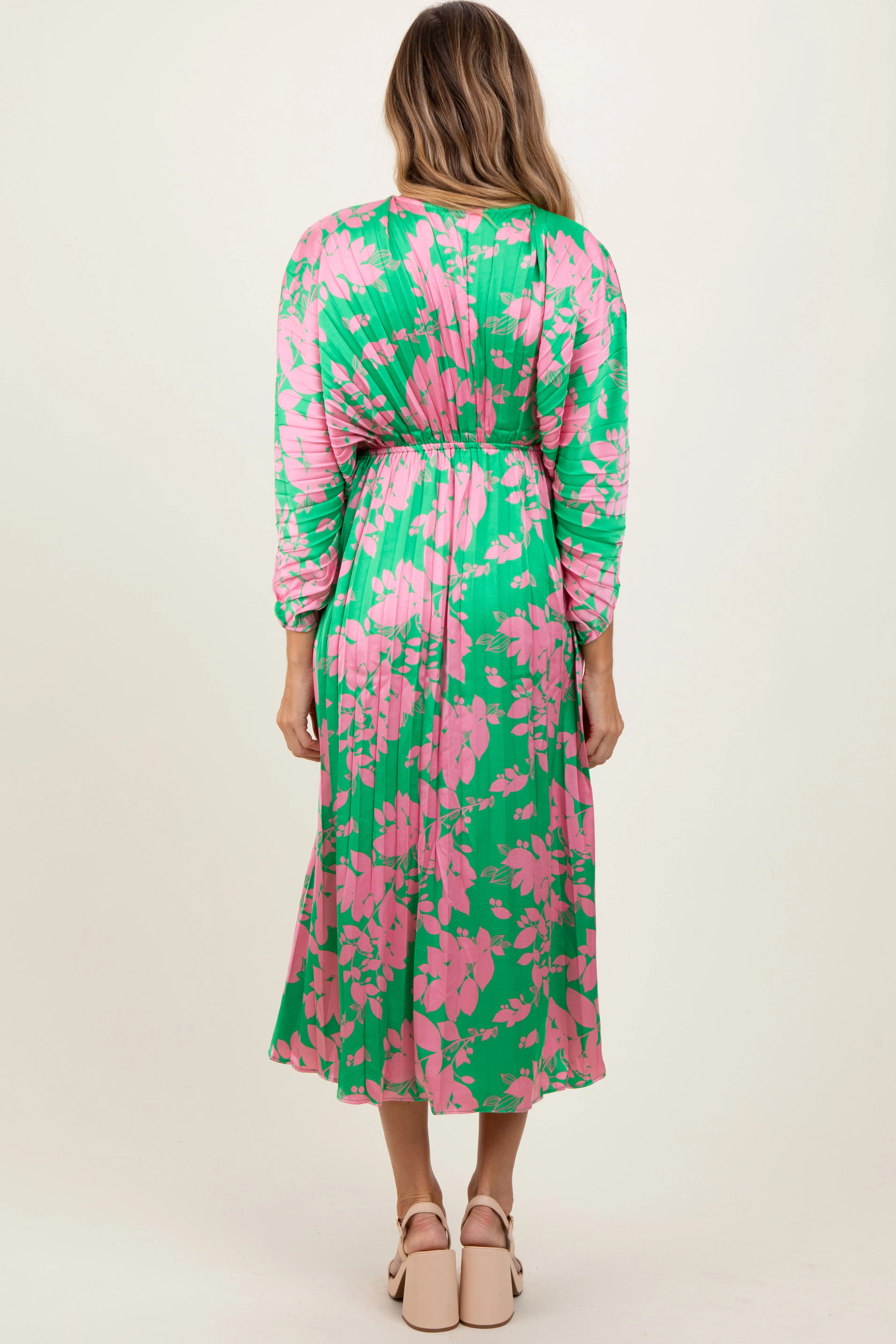 Green Floral Satin Pleated V-Neck Maxi Dress sold by Pinkblush product image thumbnail 3