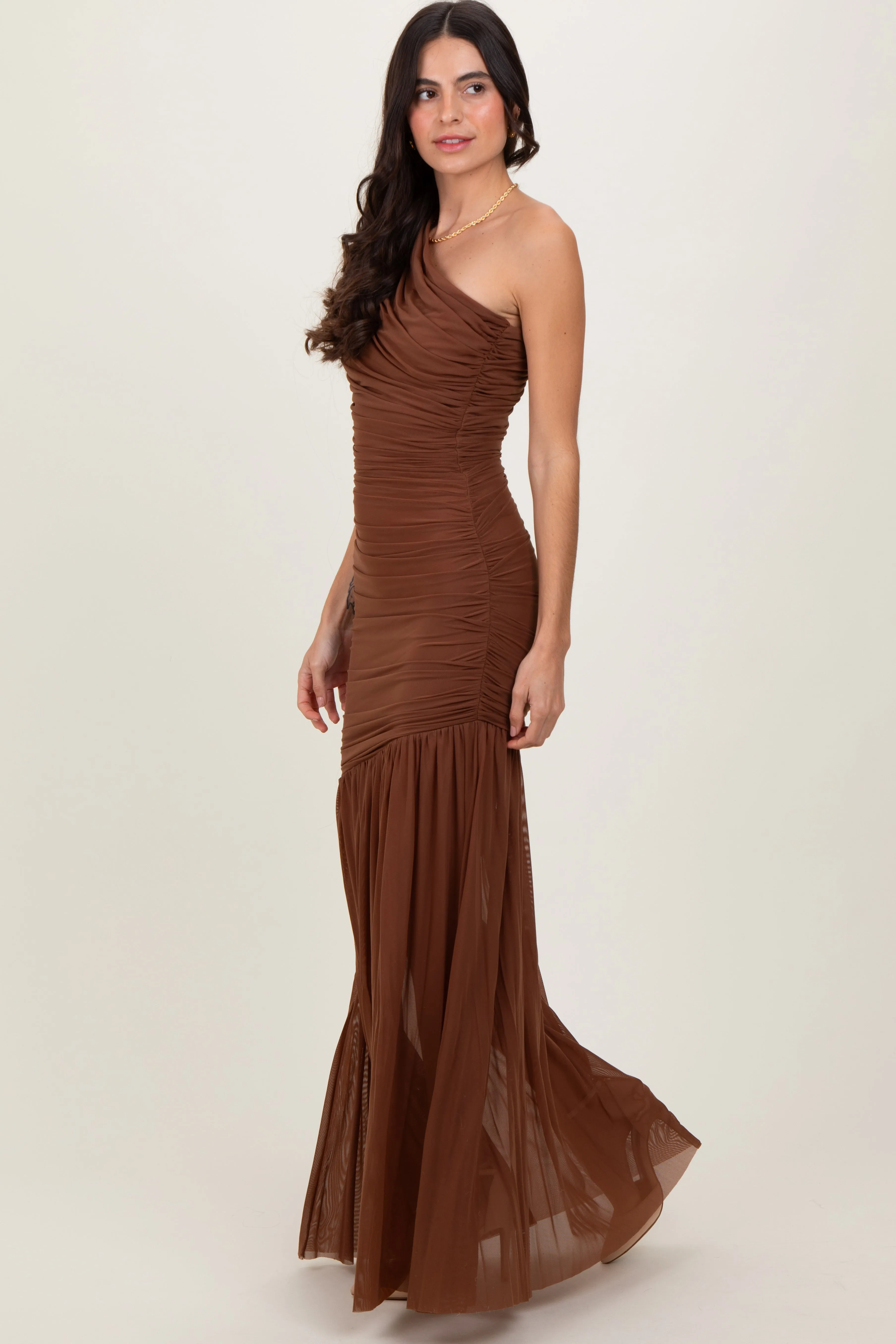 Mocha Ruched Mesh One Shoulder Maxi Dress sold by Pinkblush product image thumbnail 3