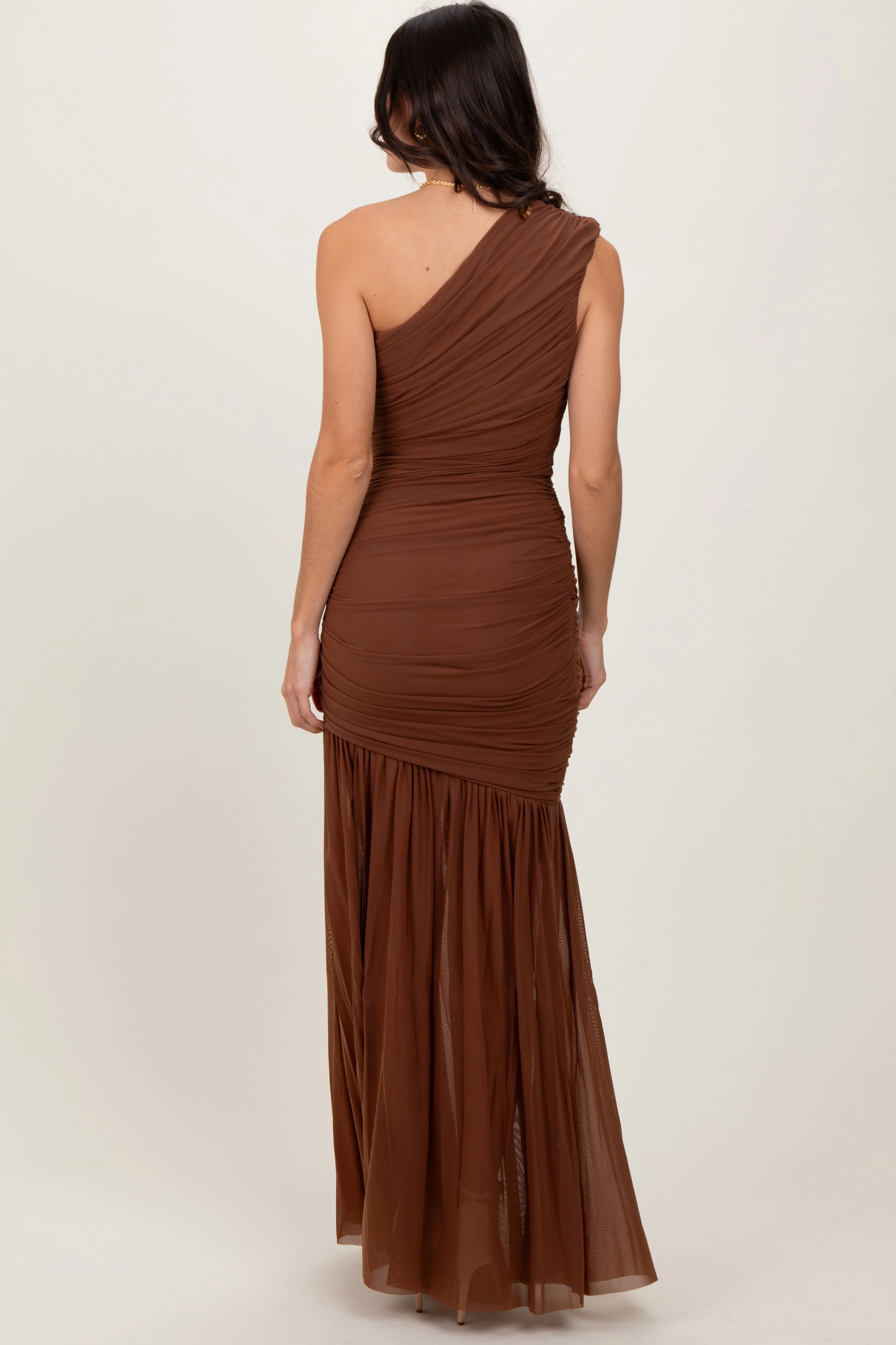 Mocha Ruched Mesh One Shoulder Maxi Dress sold by Pinkblush product image thumbnail 4
