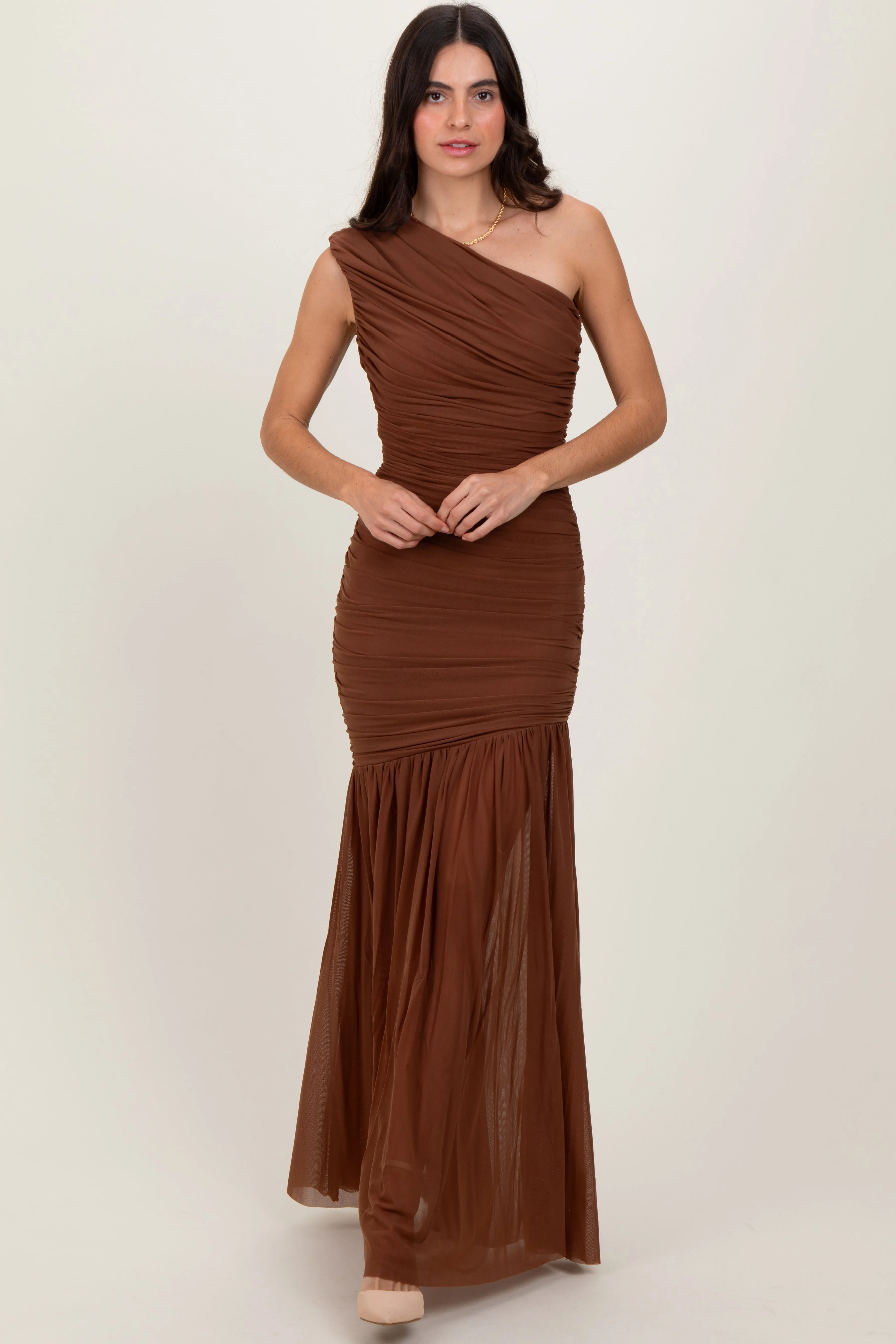 Mocha Ruched Mesh One Shoulder Maxi Dress sold by Pinkblush product image thumbnail 2