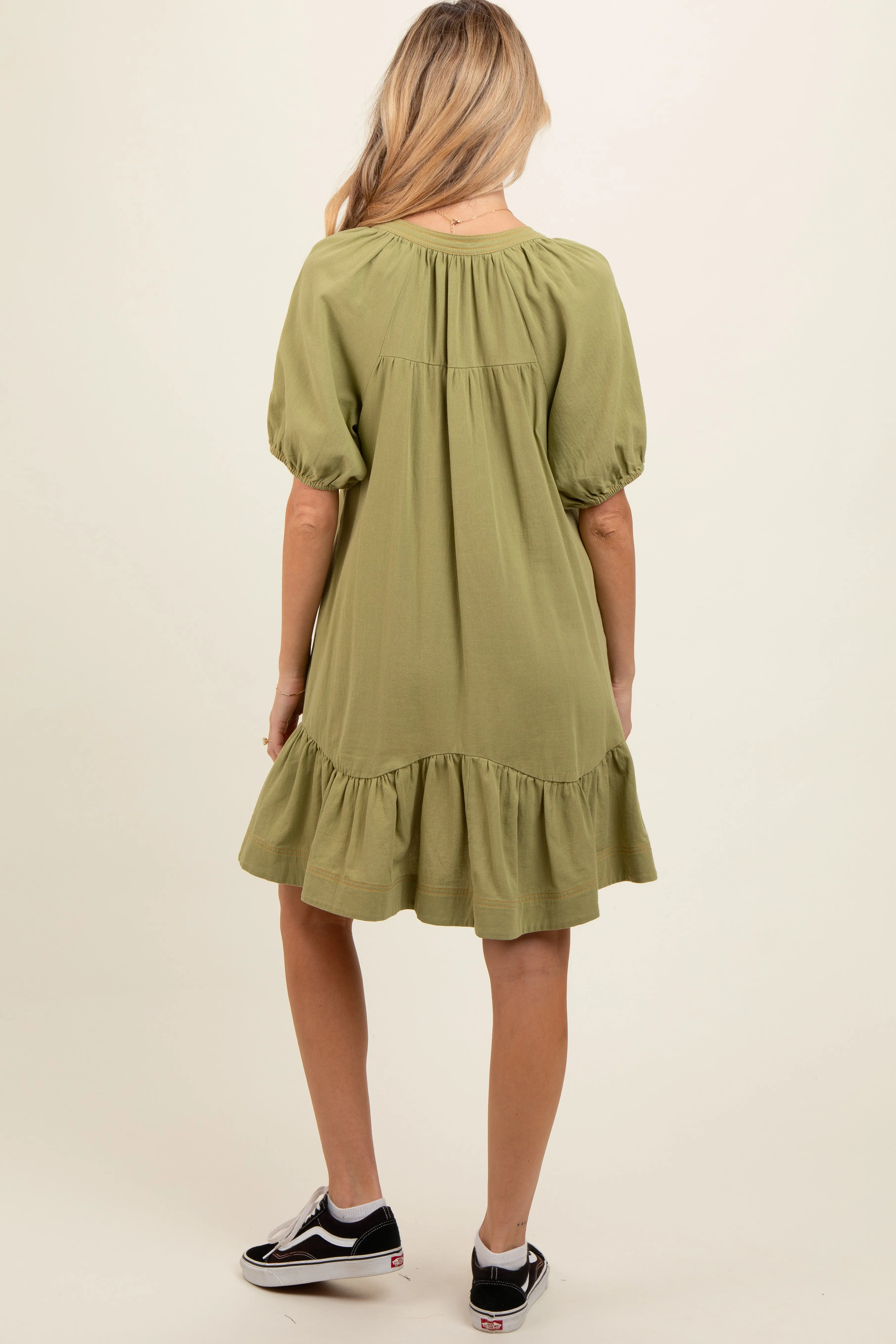 Light Olive Button Front Short Puff Sleeve Maternity Dress sold by Pinkblush product image thumbnail 2