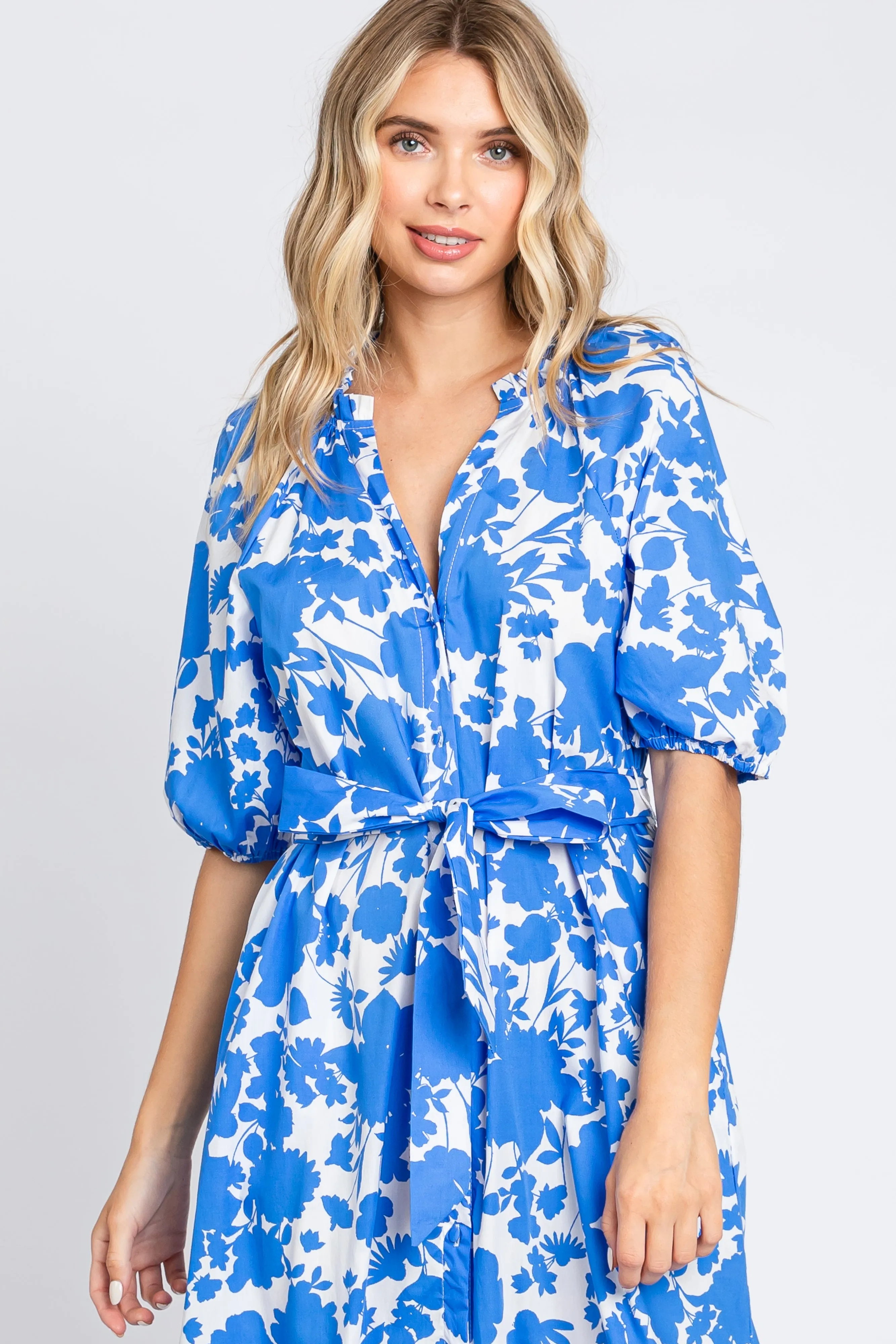Blue Floral Button Up Puff Sleeve Midi Dress sold by Pinkblush product image thumbnail 5
