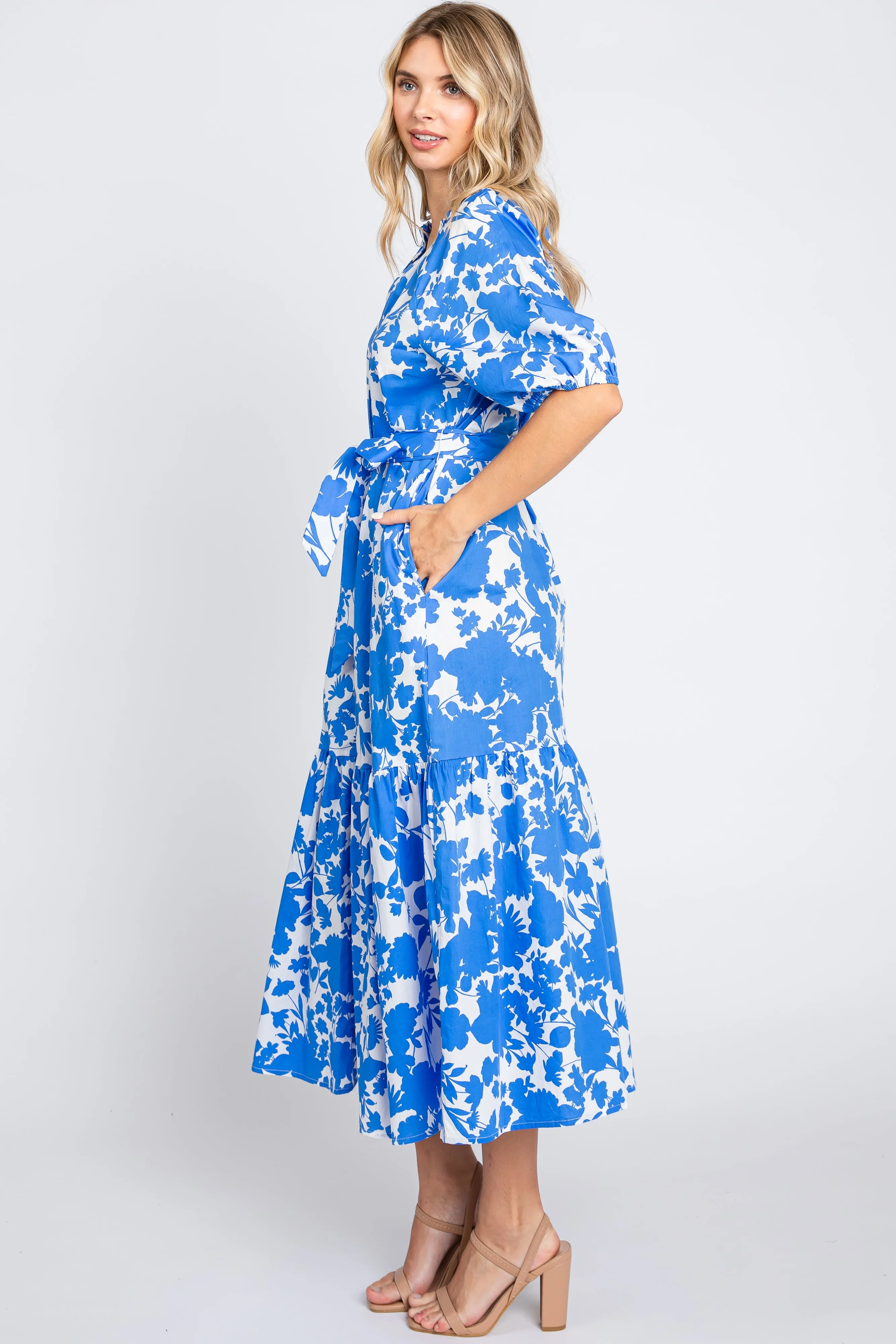 Blue Floral Button Up Puff Sleeve Midi Dress sold by Pinkblush product image thumbnail 2