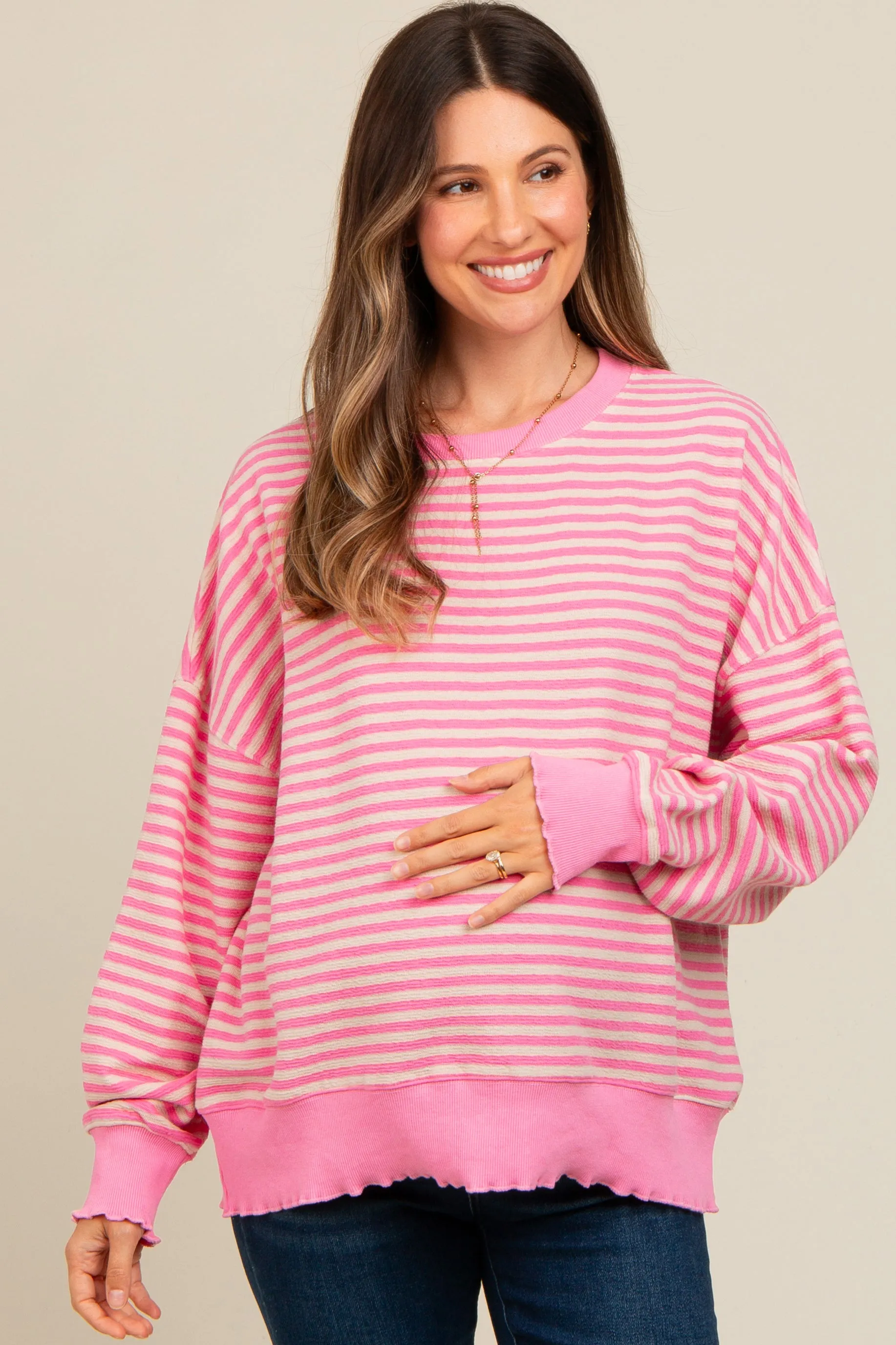 Pink Striped Ruffle Hem Maternity Long Sleeve Top sold by Pinkblush