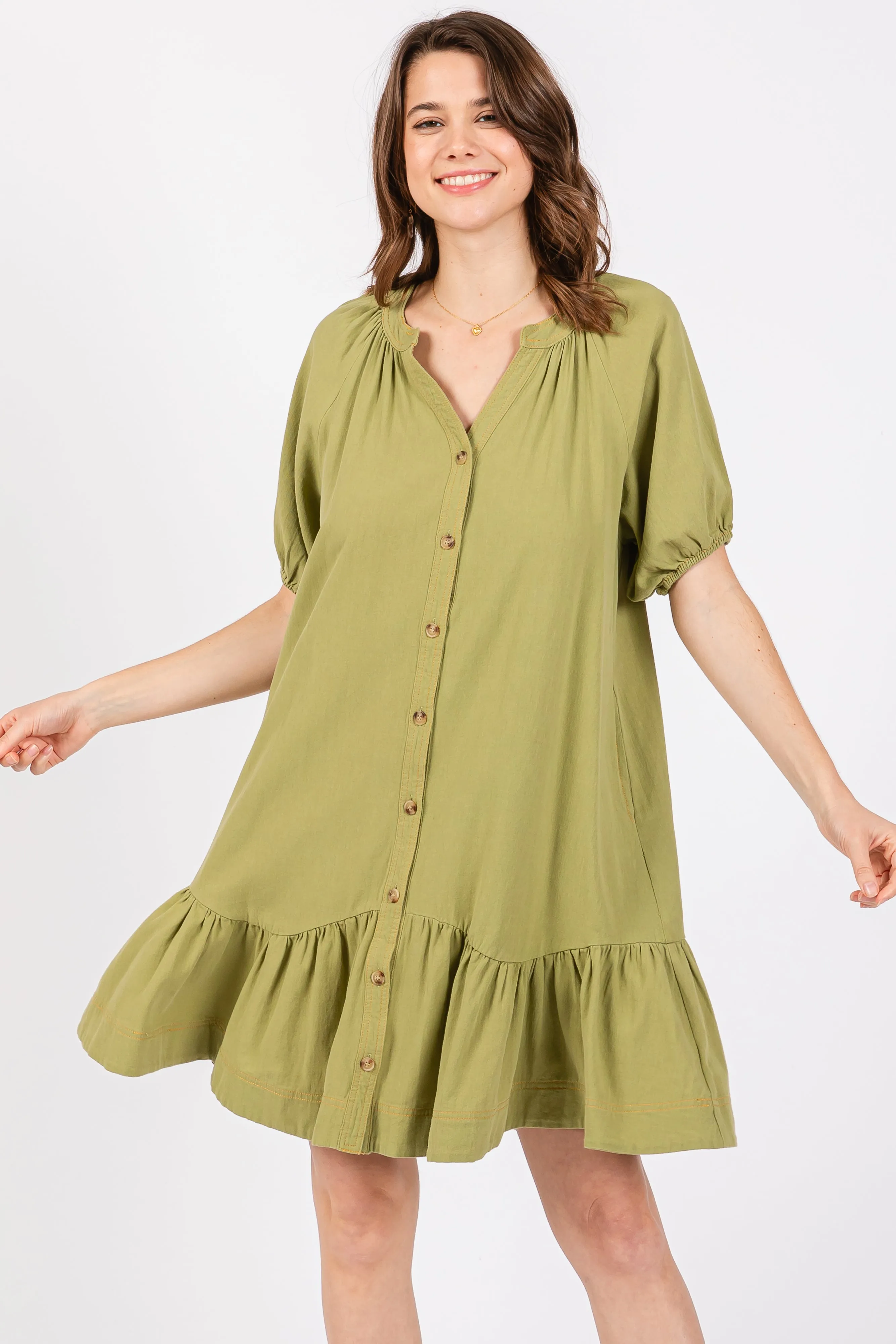 Light Olive Button Front Short Puff Sleeve Maternity Dress sold by Pinkblush product image thumbnail 3