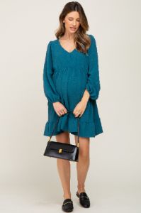 Teal Long Sleeve Gathered Tier Maternity Dress sold by Pinkblush