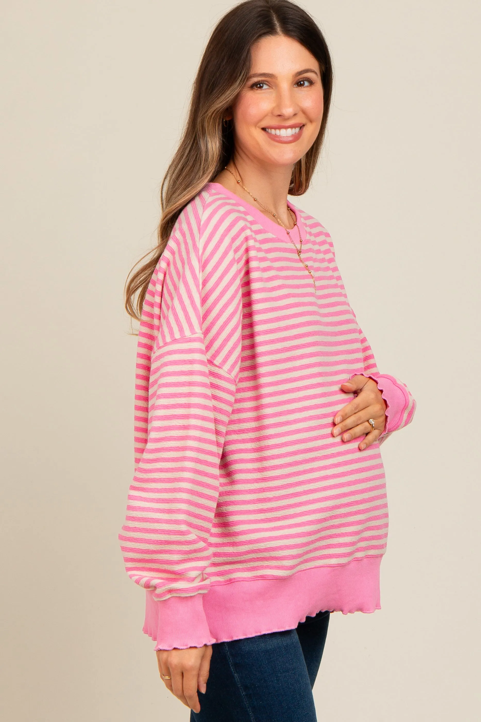 Pink Striped Ruffle Hem Maternity Long Sleeve Top sold by Pinkblush product image thumbnail 3