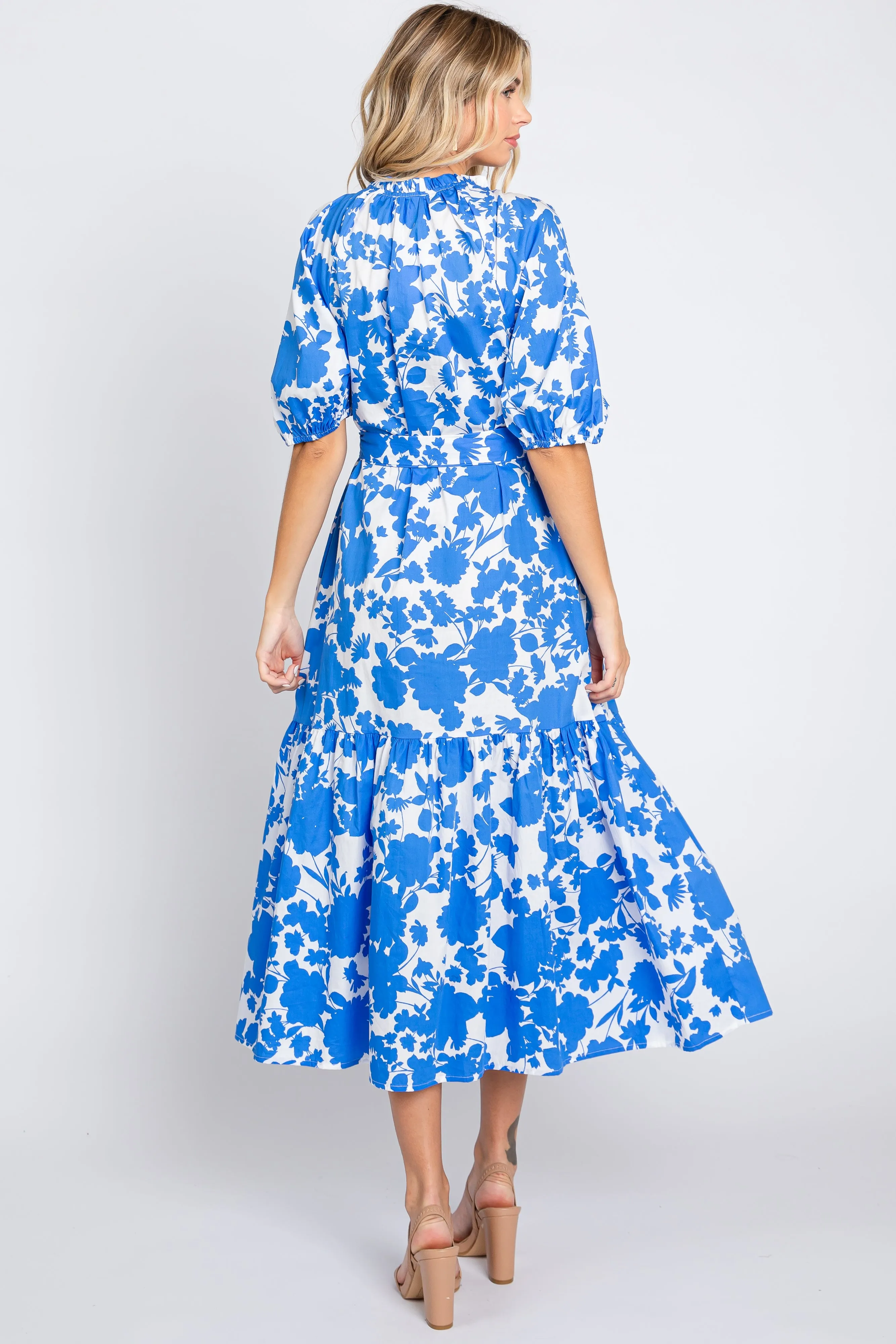Blue Floral Button Up Puff Sleeve Midi Dress sold by Pinkblush product image thumbnail 3