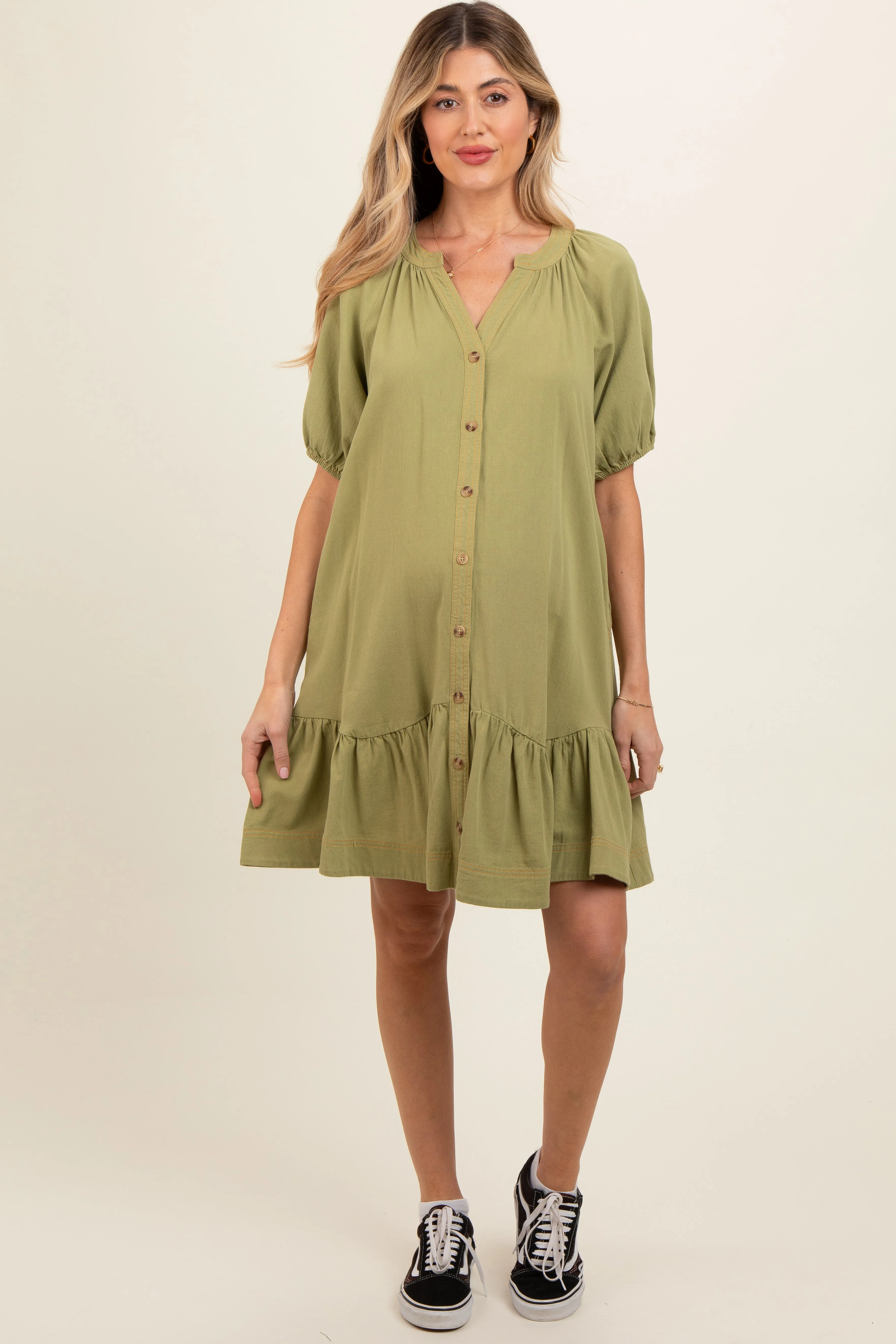 Light Olive Button Front Short Puff Sleeve Maternity Dress sold by Pinkblush