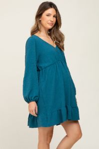 Teal Long Sleeve Gathered Tier Maternity Dress sold by Pinkblush