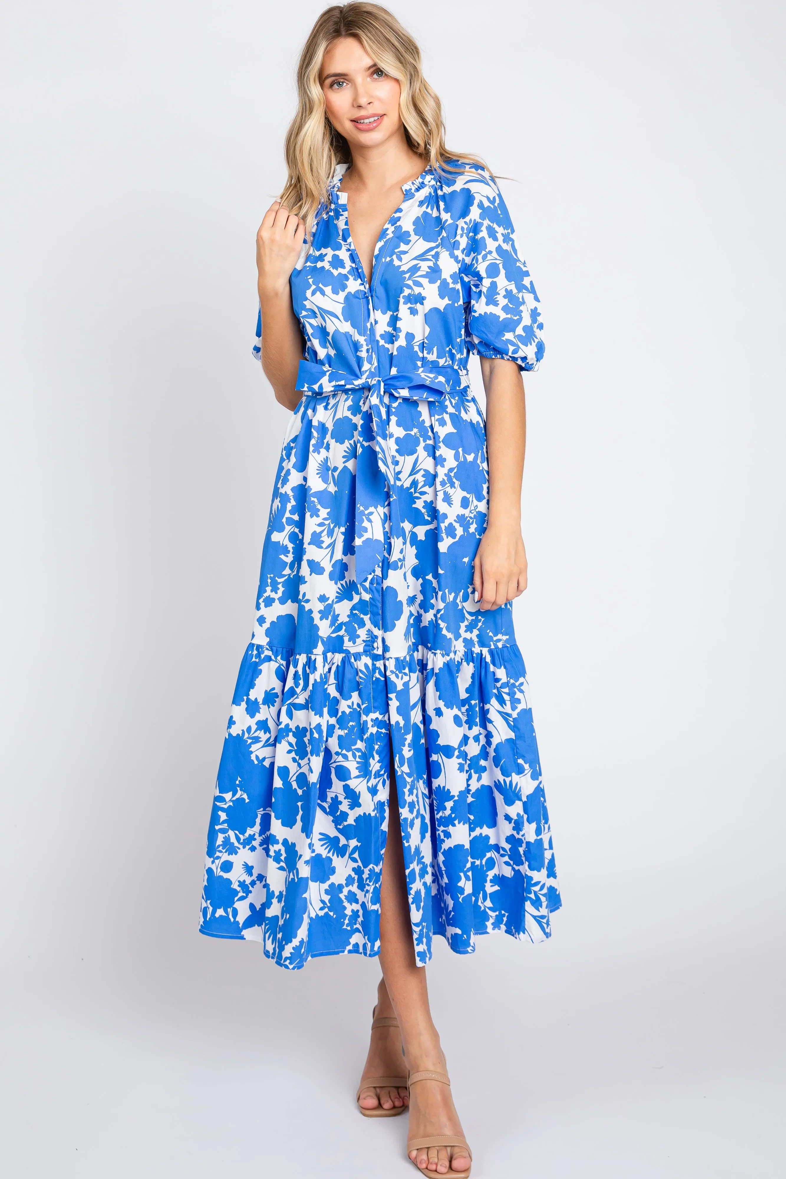 Blue Floral Button Up Puff Sleeve Midi Dress sold by Pinkblush product image thumbnail 4