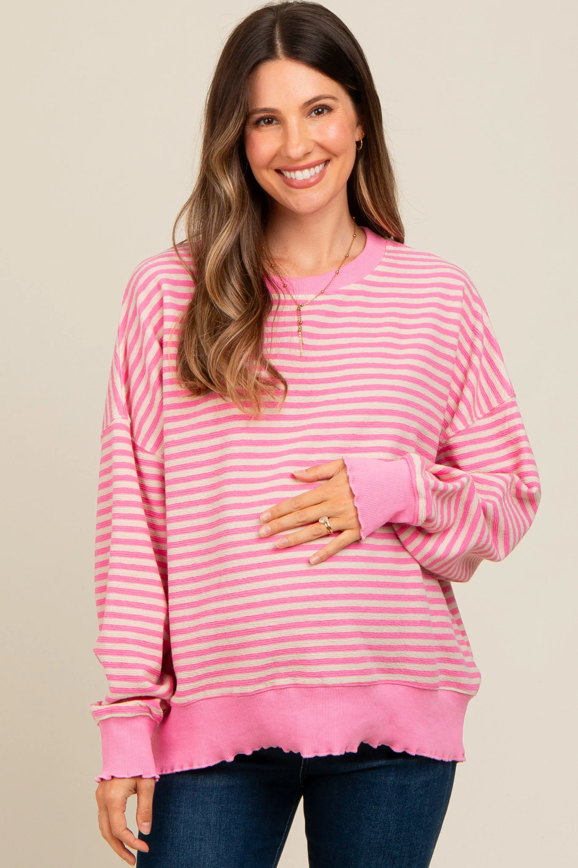 Pink Striped Ruffle Hem Maternity Long Sleeve Top sold by Pinkblush product image thumbnail 2