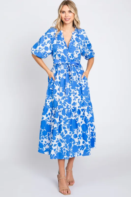 Blue Floral Button Up Puff Sleeve Midi Dress sold by Pinkblush