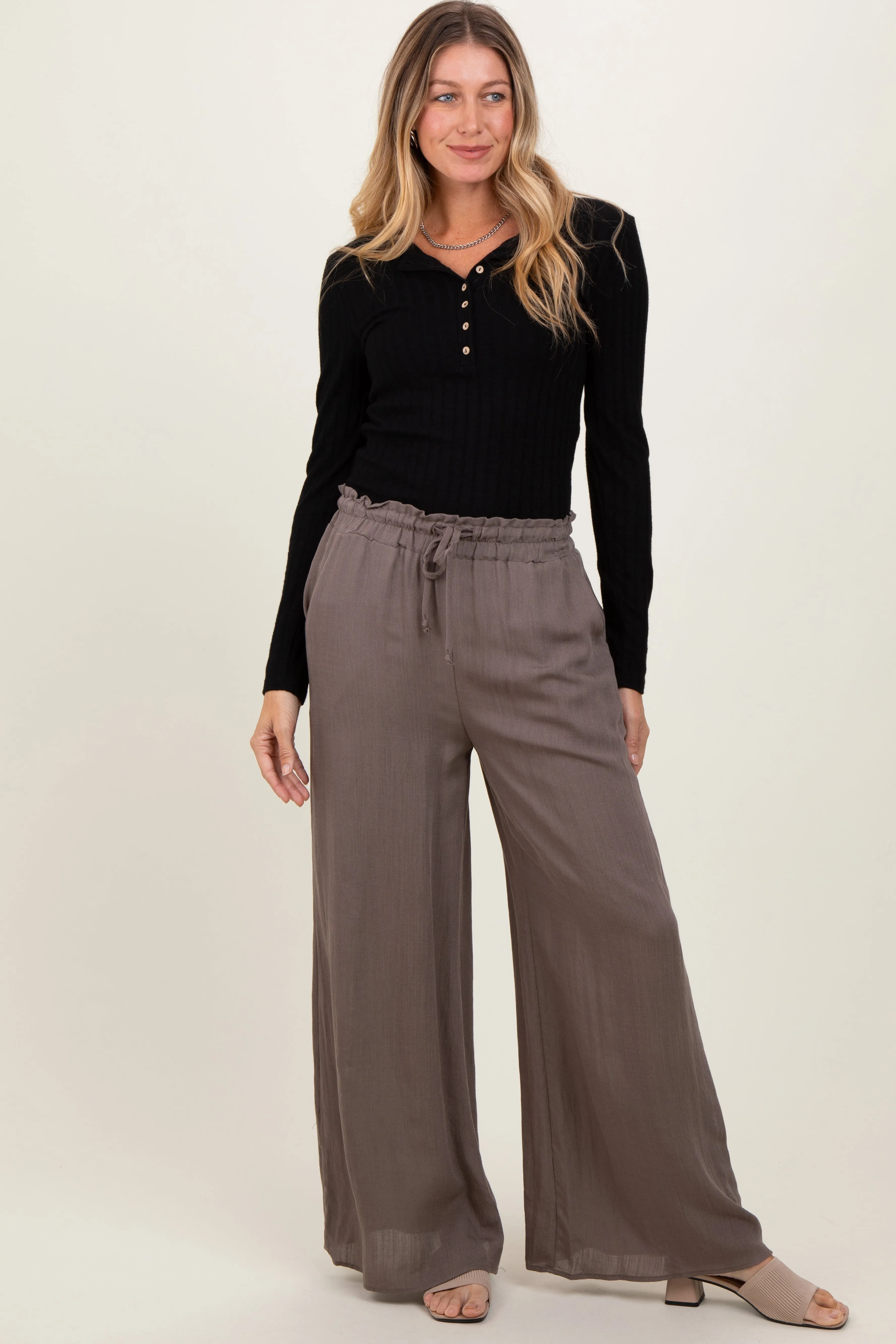 Mocha Ruffled Drawstring Waist Wide Leg Pants sold by Pinkblush product image thumbnail 2