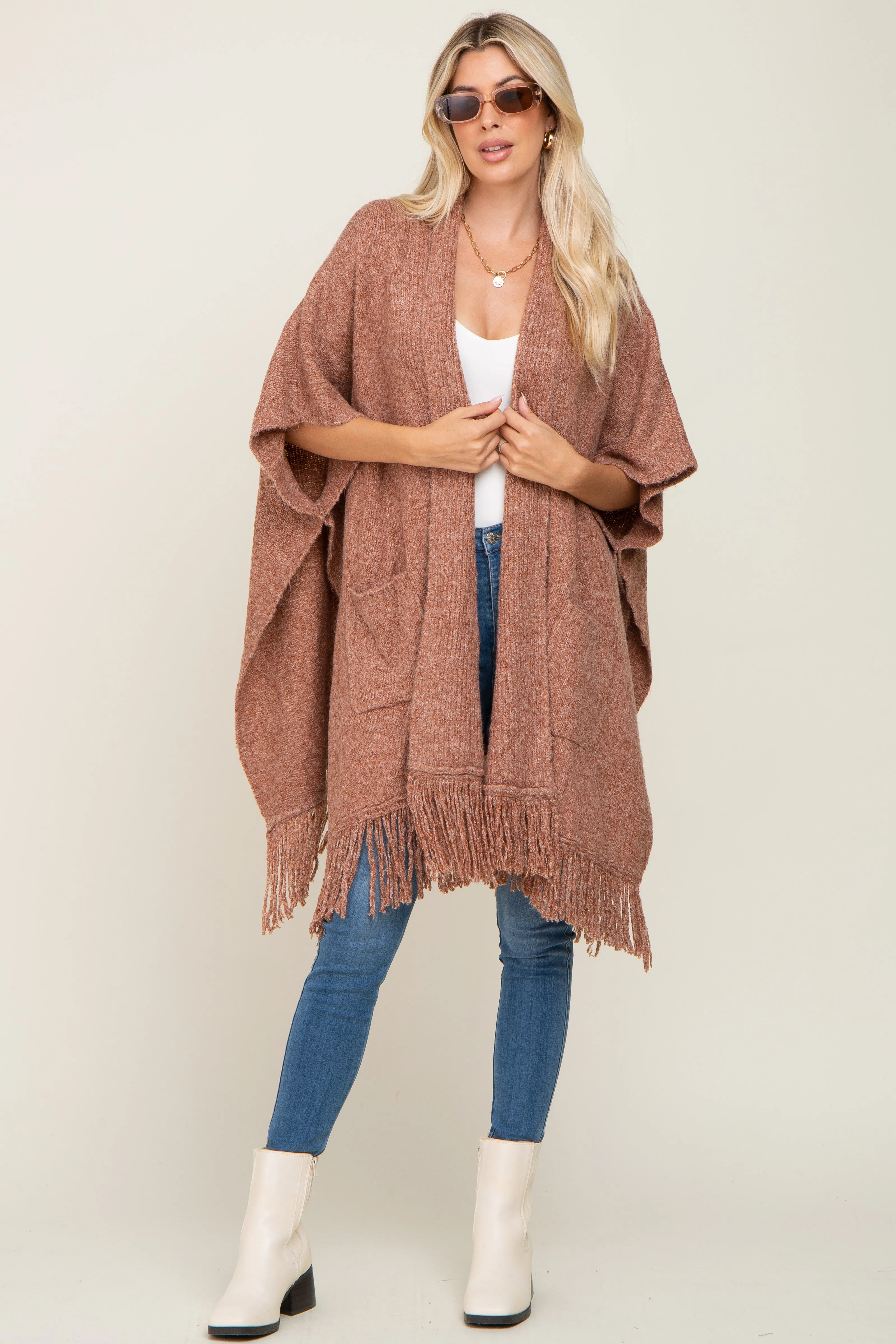 Rust Oversized Fringe Shawl Cardigan sold by Pinkblush product image thumbnail 4