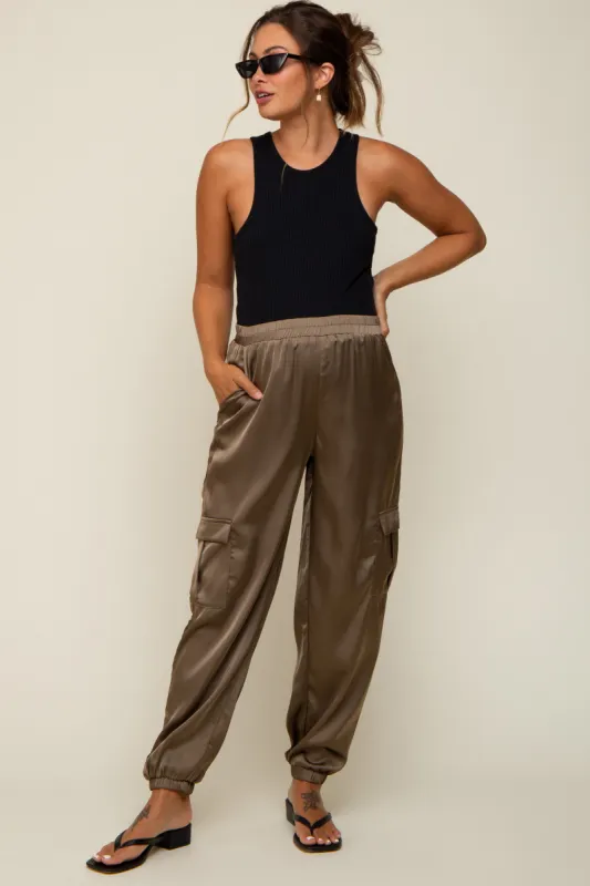 Olive Satin Cargo Maternity Jogger Pants sold by Pinkblush