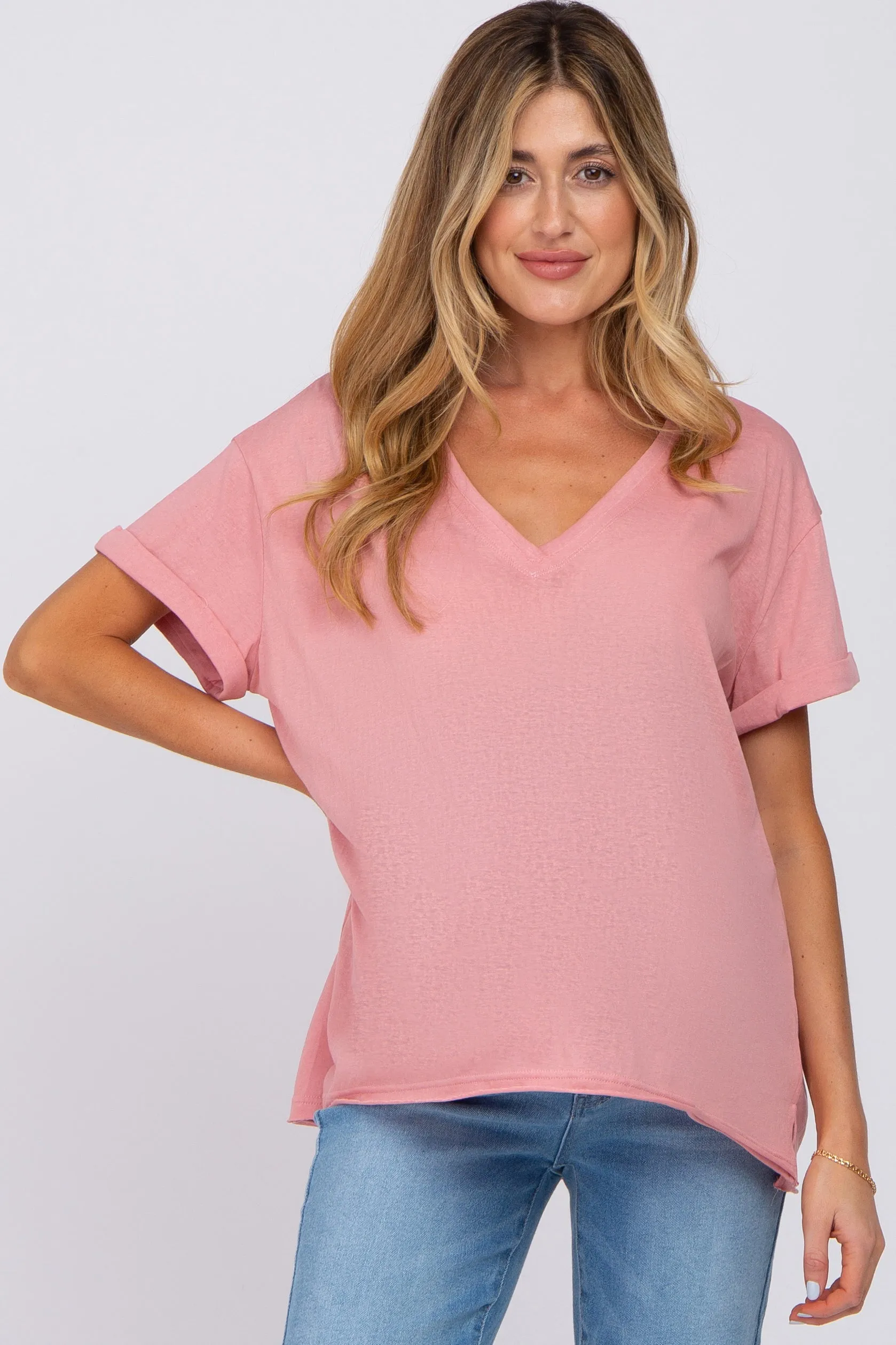 Pink Basic Rolled Short Sleeve Maternity Top sold by Pinkblush