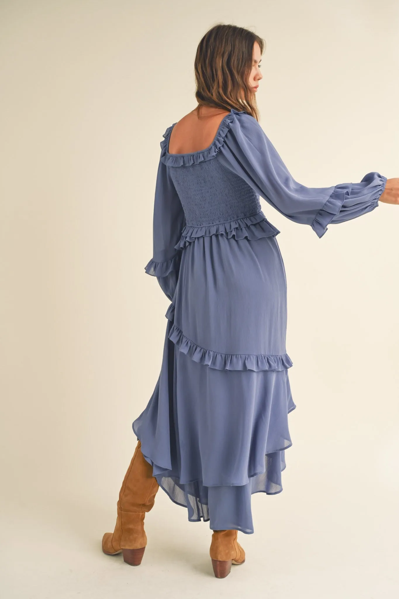 Blue Smocked Ruffle Long Sleeve Midi Dress sold by Pinkblush product image thumbnail 3
