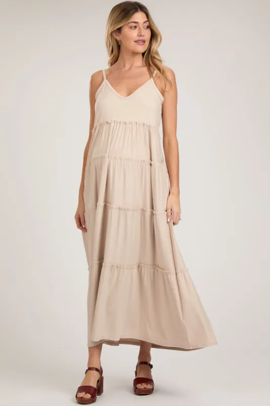 Beige Tiered Sleeveless Maternity Maxi Dress sold by Pinkblush