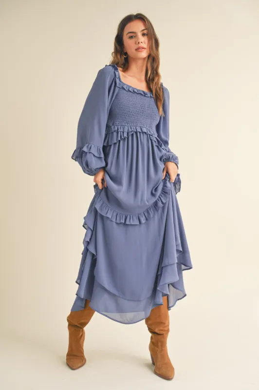 Blue Smocked Ruffle Long Sleeve Midi Dress sold by Pinkblush