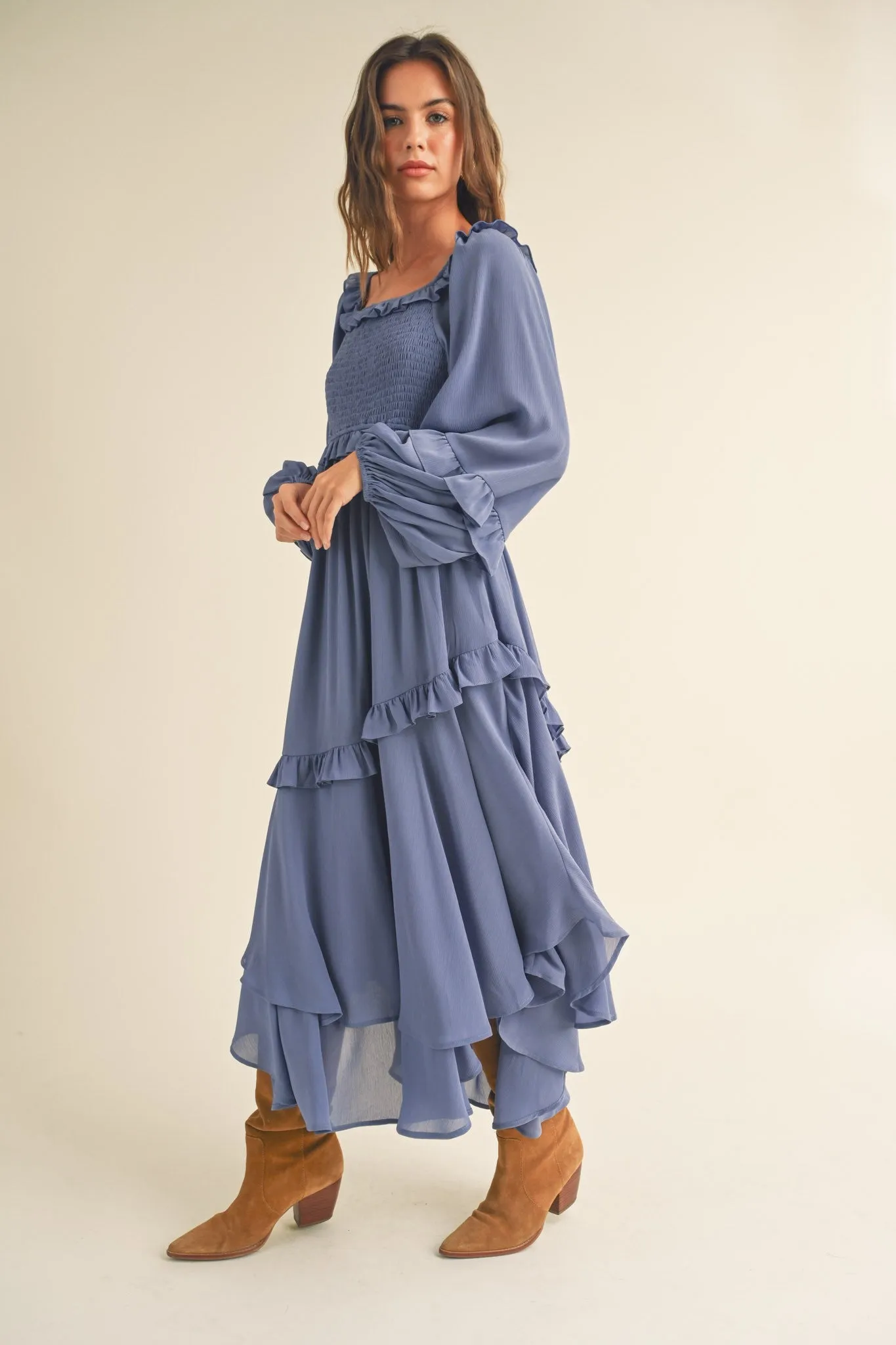 Blue Smocked Ruffle Long Sleeve Midi Dress sold by Pinkblush product image thumbnail 2
