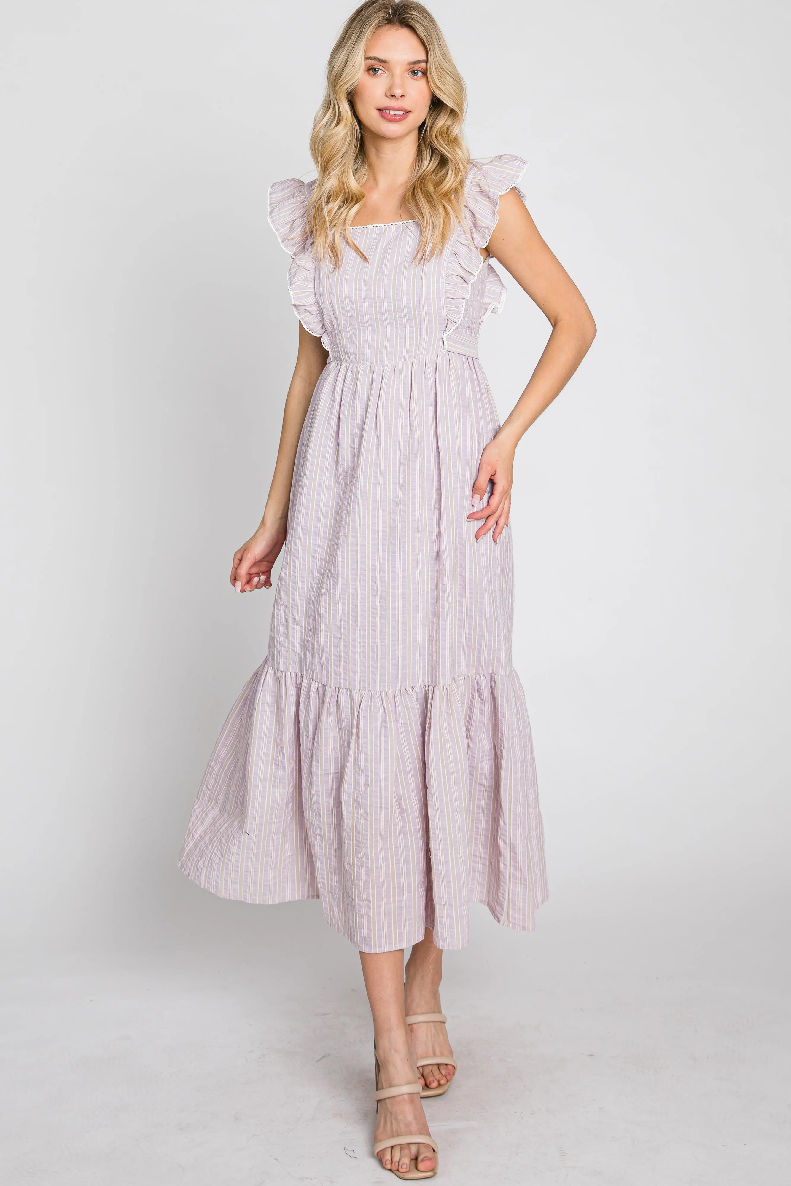 Lilac Striped Ruffle Accent Pinafore Maternity Midi Dress sold by Pinkblush product image thumbnail 5