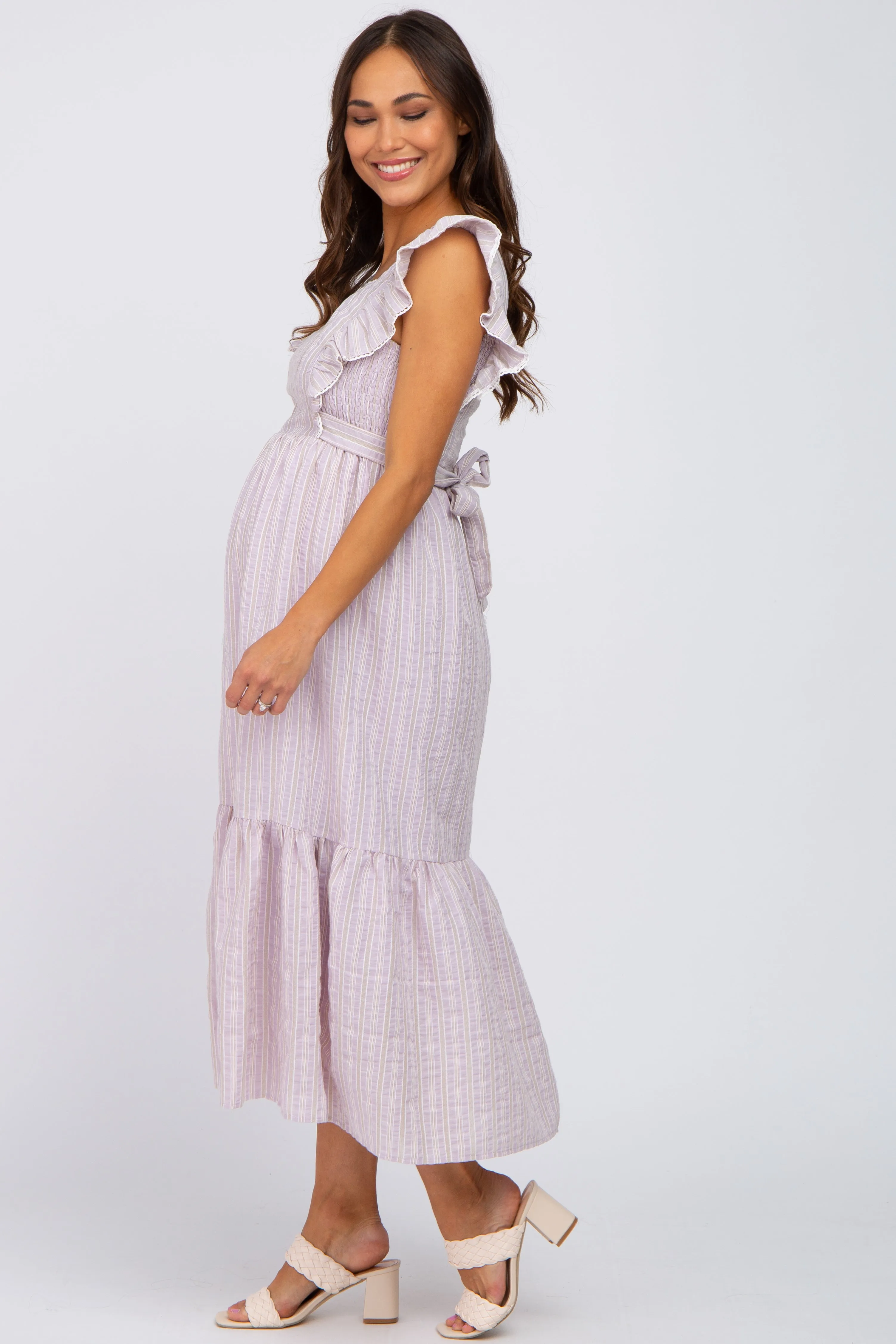 Lilac Striped Ruffle Accent Pinafore Maternity Midi Dress sold by Pinkblush product image thumbnail 2