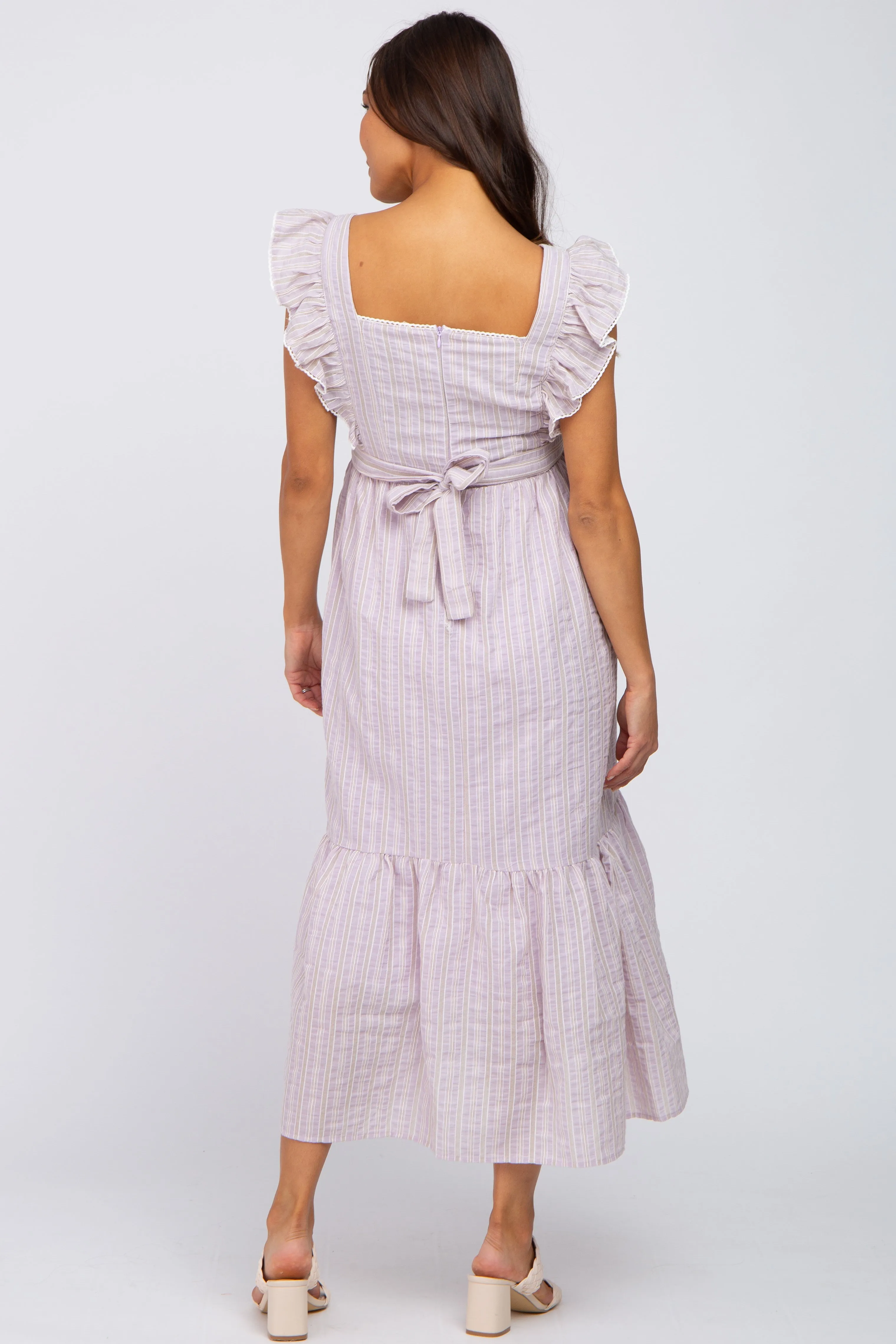 Lilac Striped Ruffle Accent Pinafore Maternity Midi Dress sold by Pinkblush product image thumbnail 3