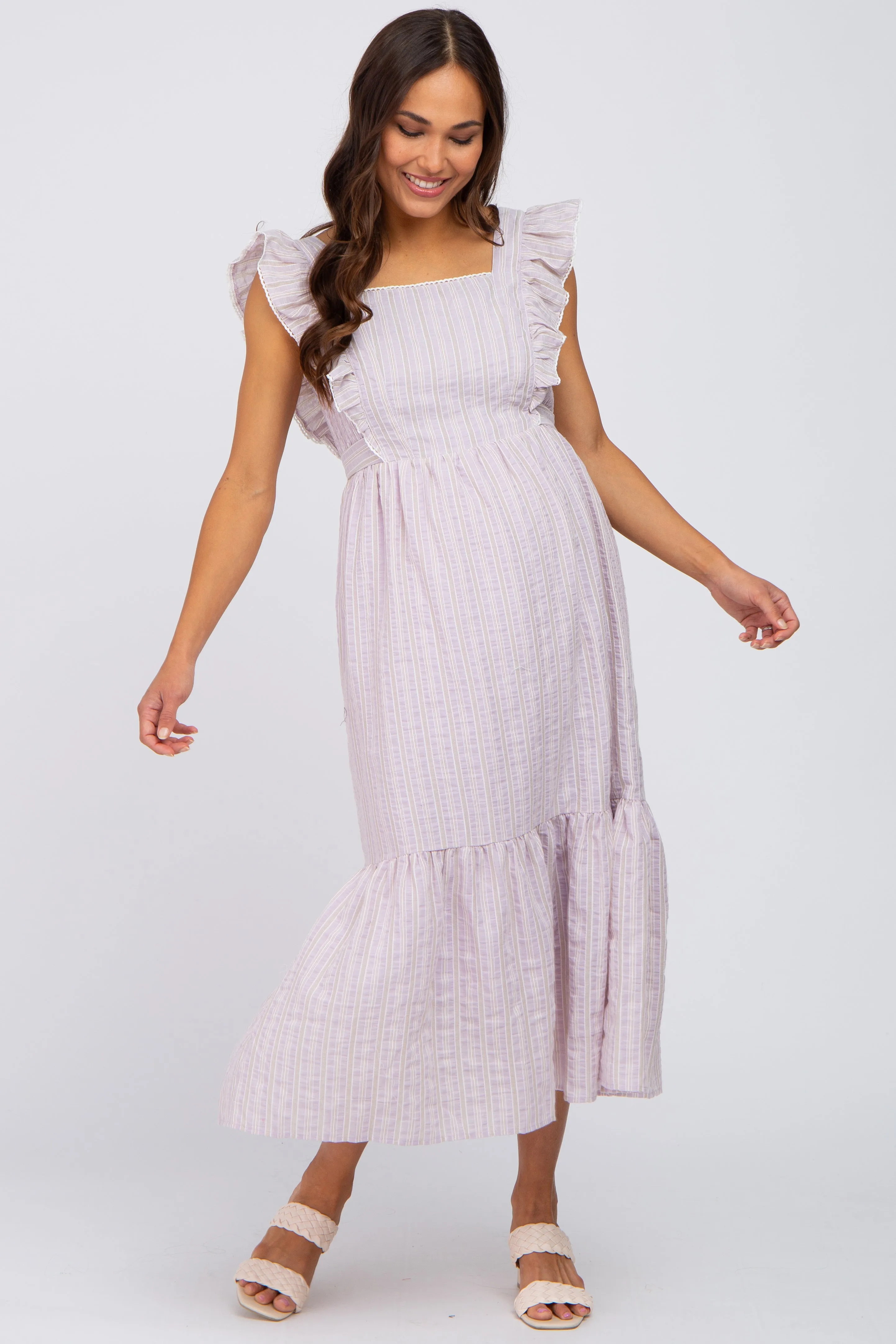 Lilac Striped Ruffle Accent Pinafore Maternity Midi Dress sold by Pinkblush product image thumbnail 4