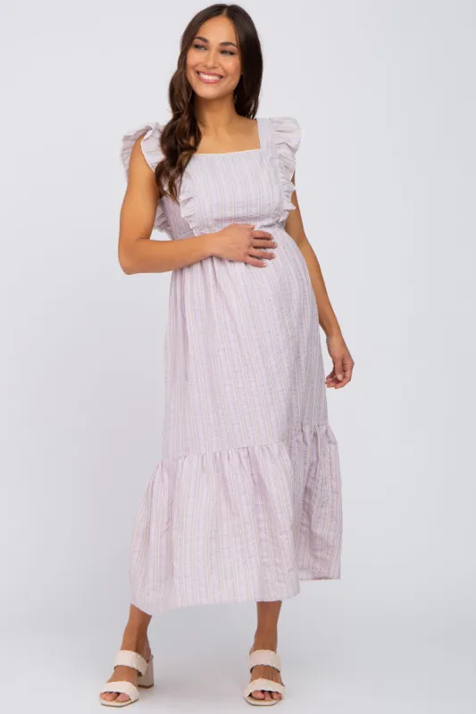 Lilac Striped Ruffle Accent Pinafore Maternity Midi Dress sold by Pinkblush