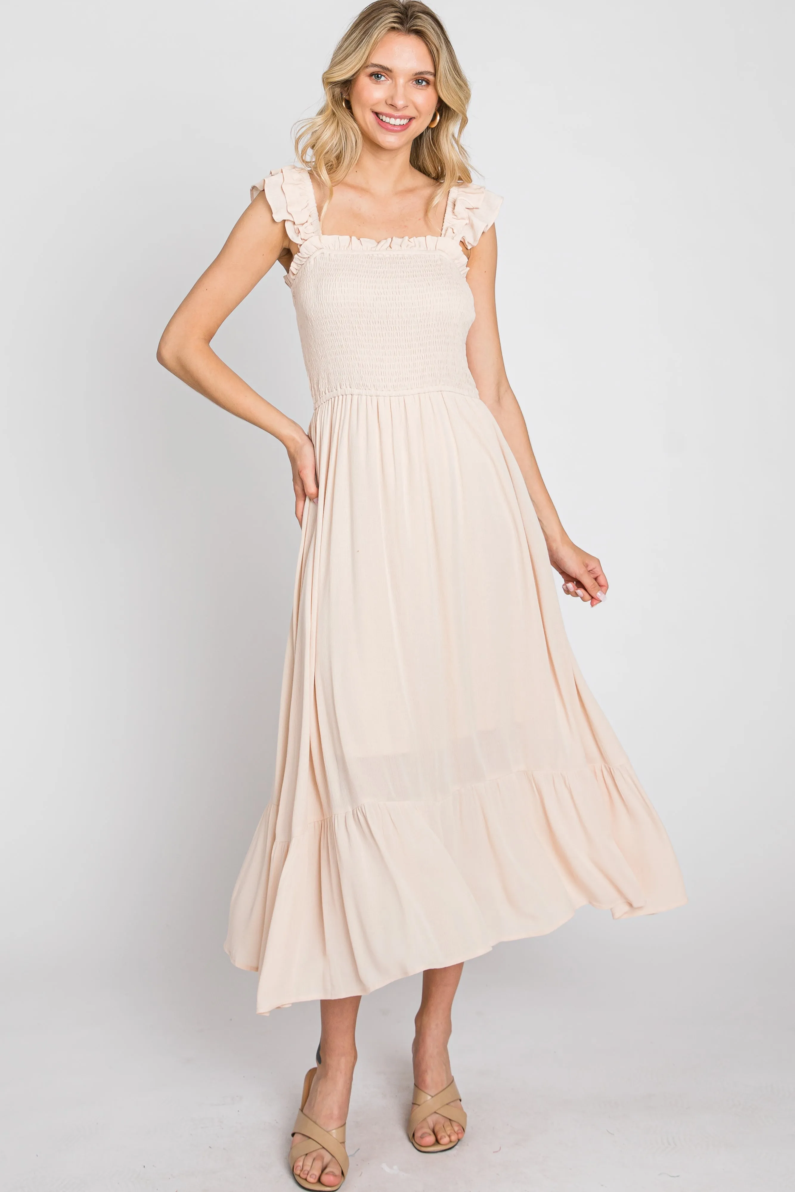 Beige Smocked Ruffle Accent Sleeveless Midi Dress sold by Pinkblush product image thumbnail 4