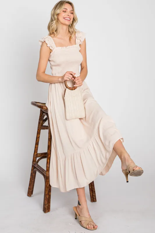 Beige Smocked Ruffle Accent Sleeveless Midi Dress sold by Pinkblush