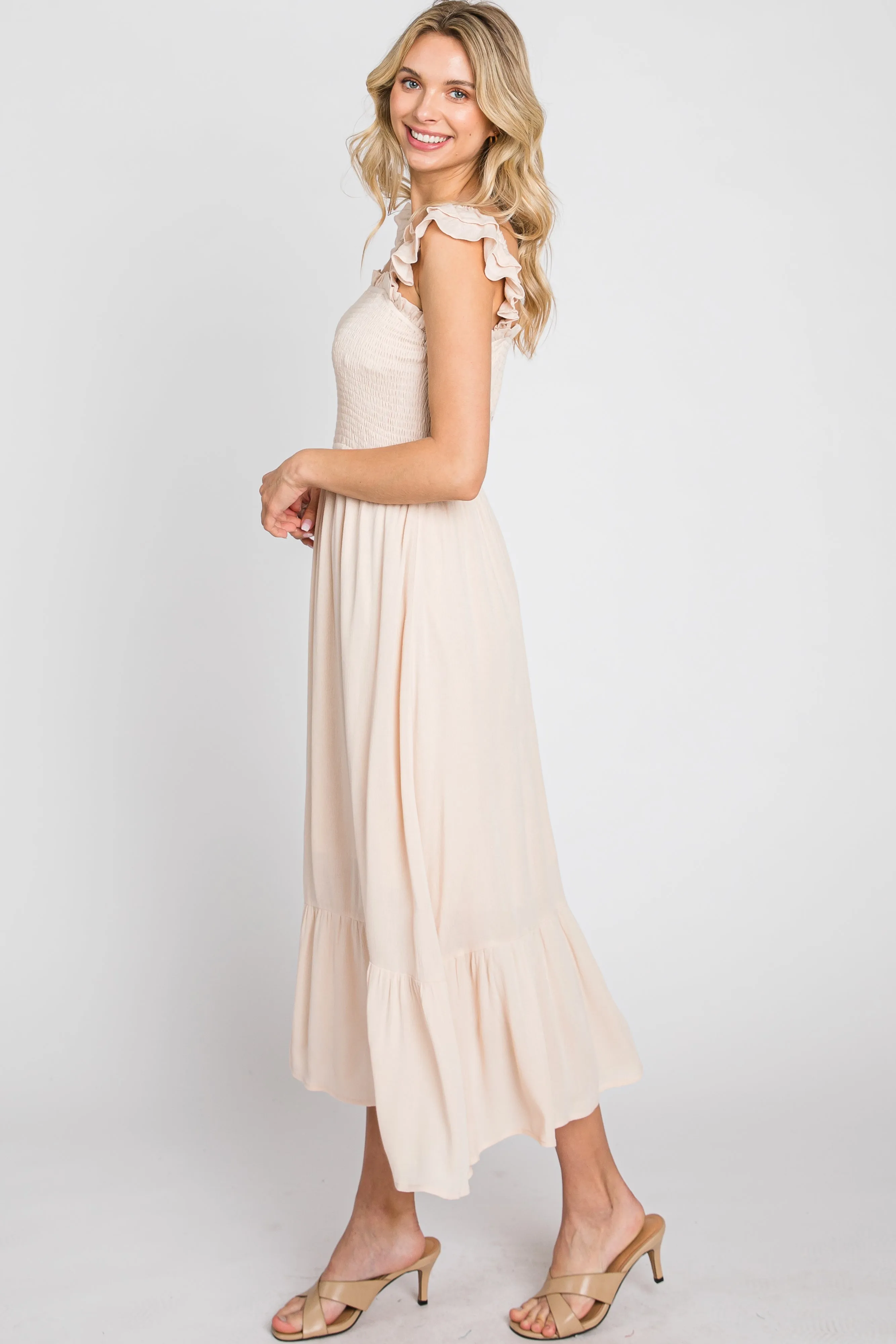 Beige Smocked Ruffle Accent Sleeveless Midi Dress sold by Pinkblush product image thumbnail 5