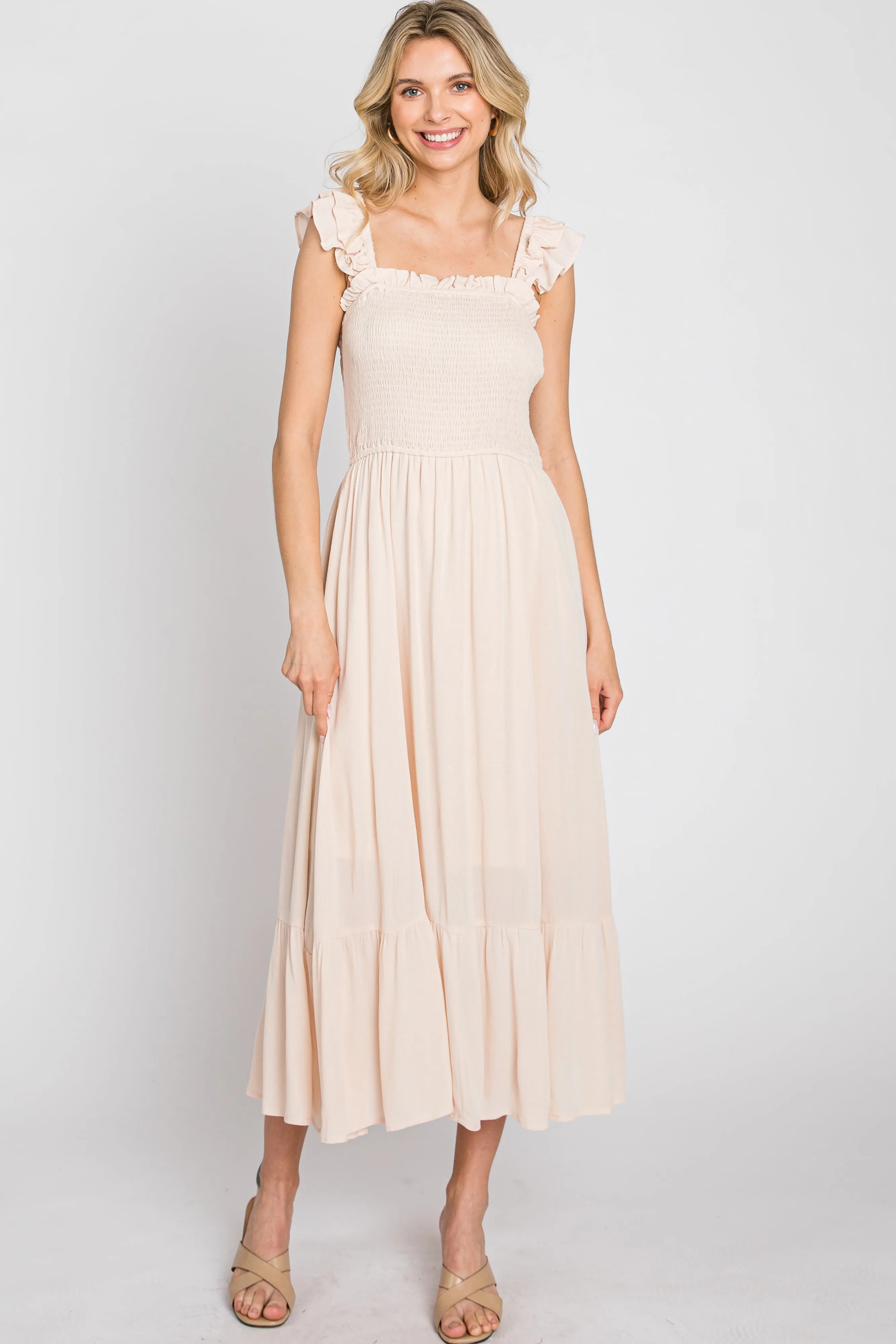 Beige Smocked Ruffle Accent Sleeveless Midi Dress sold by Pinkblush product image thumbnail 2