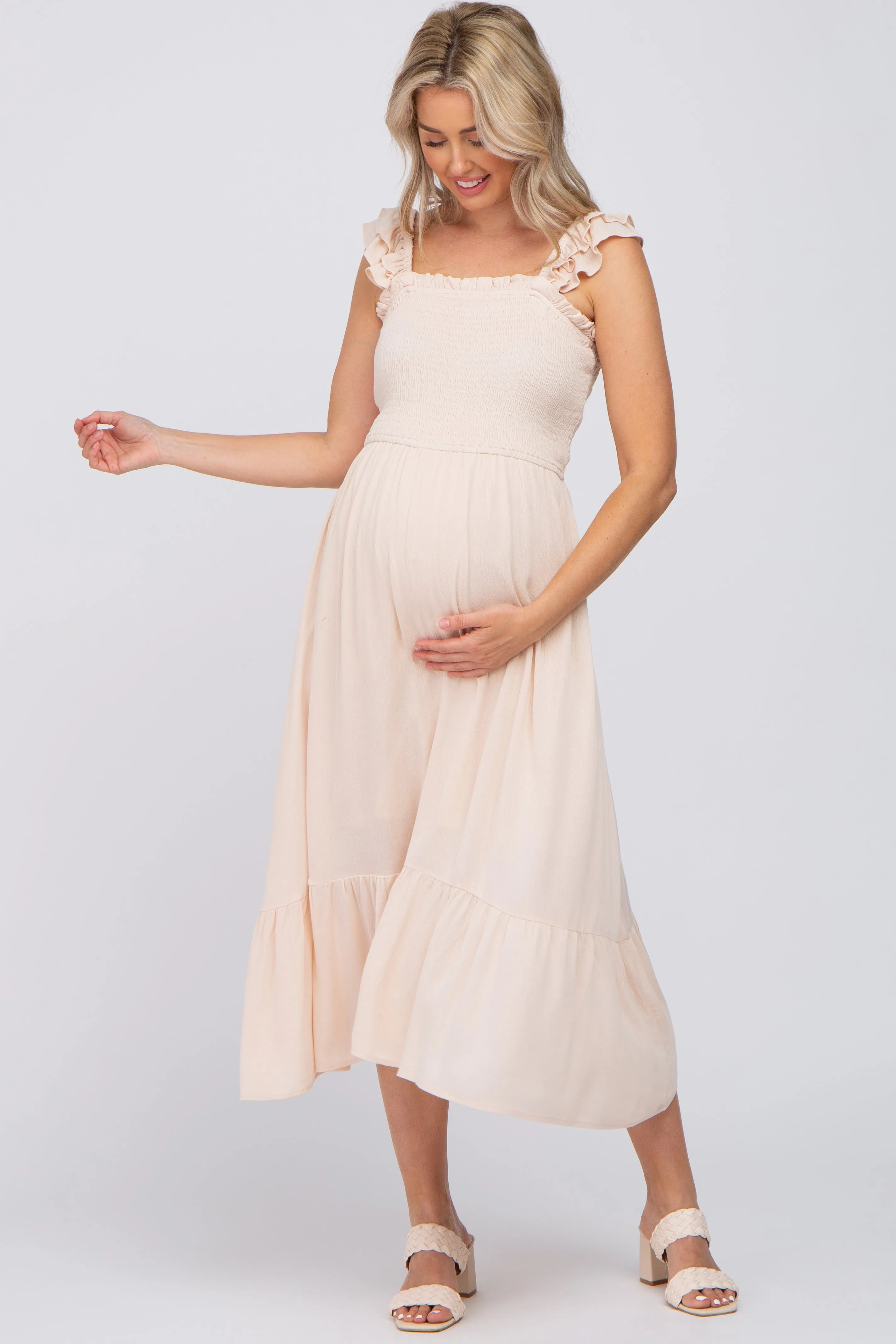 Beige Smocked Ruffle Accent Sleeveless Maternity Midi Dress sold by Pinkblush product image thumbnail 4