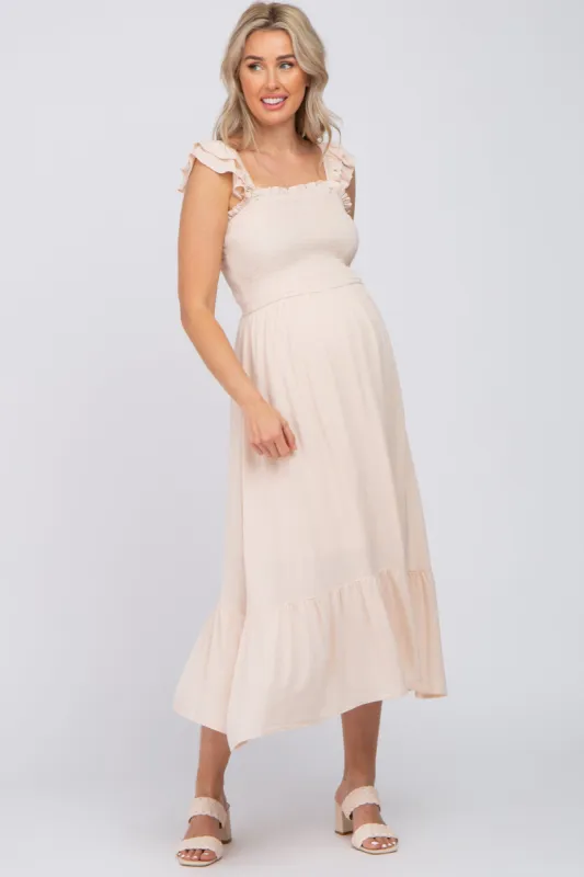 Beige Smocked Ruffle Accent Sleeveless Maternity Midi Dress sold by Pinkblush