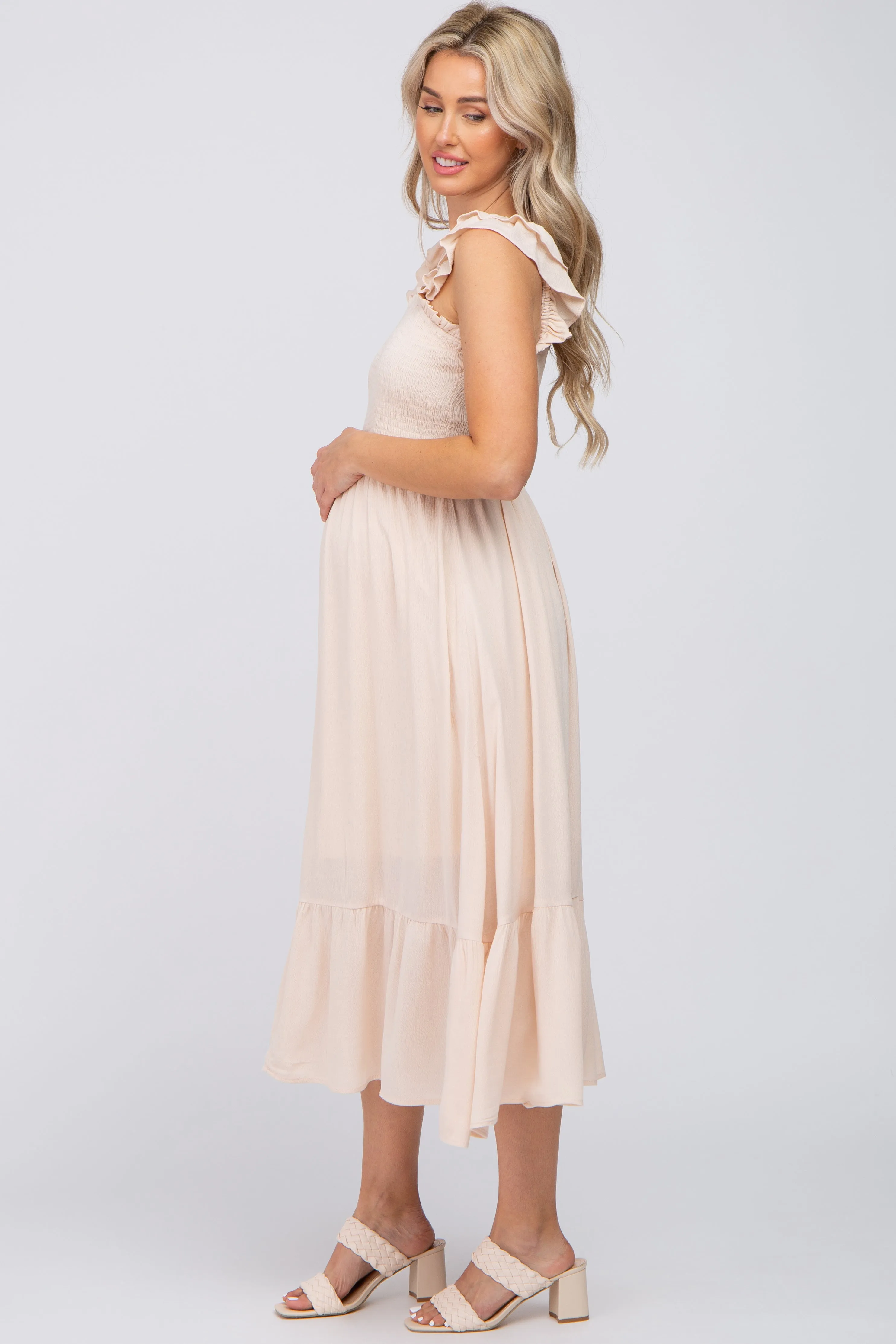 Beige Smocked Ruffle Accent Sleeveless Maternity Midi Dress sold by Pinkblush product image thumbnail 2