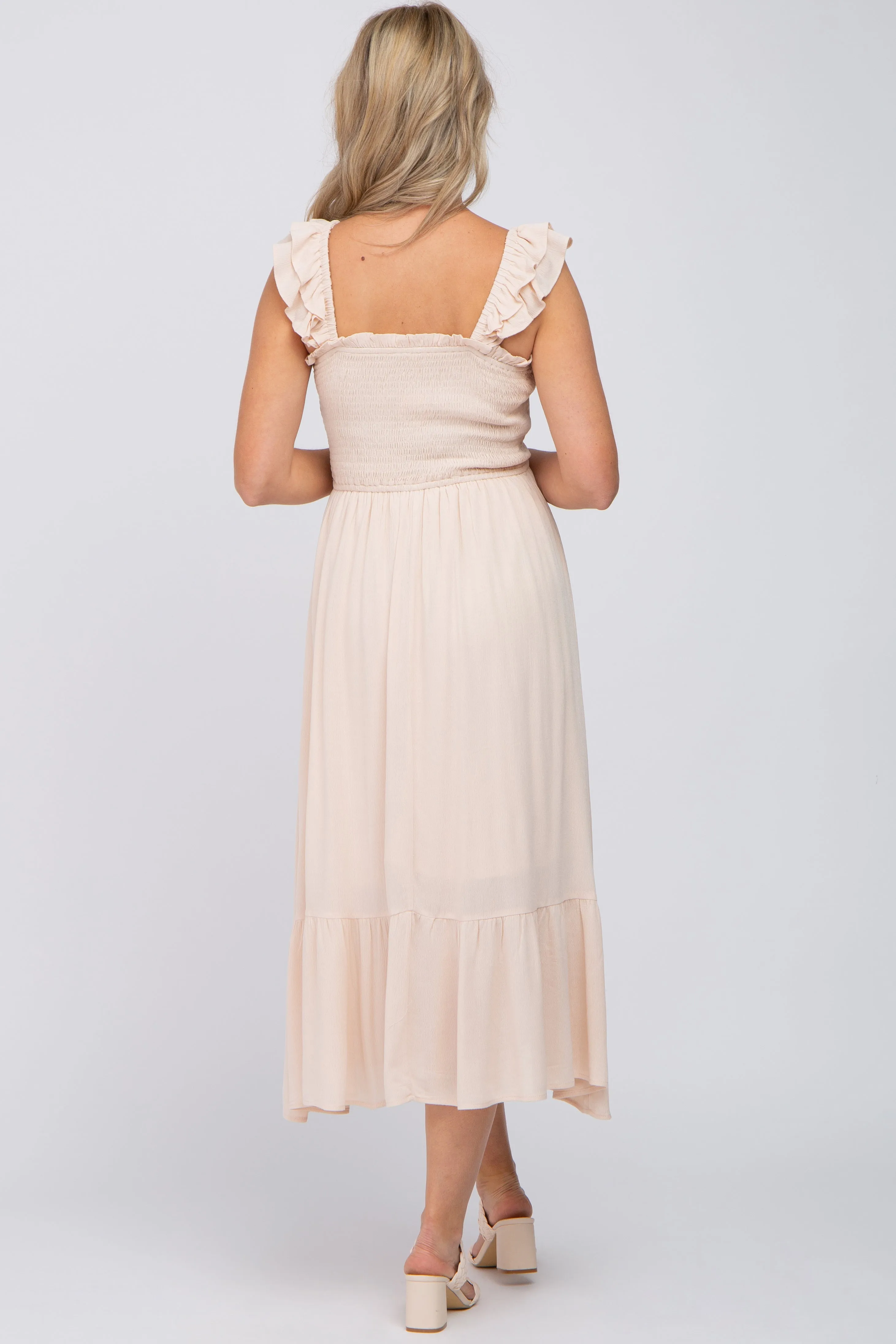 Beige Smocked Ruffle Accent Sleeveless Maternity Midi Dress sold by Pinkblush product image thumbnail 3