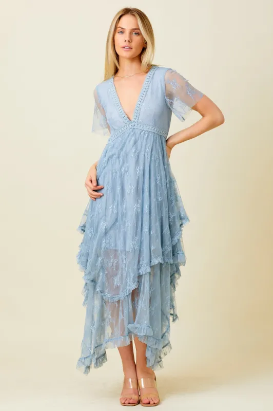 Dusty Blue Embellished Lace Hem Dress sold by Pinkblush