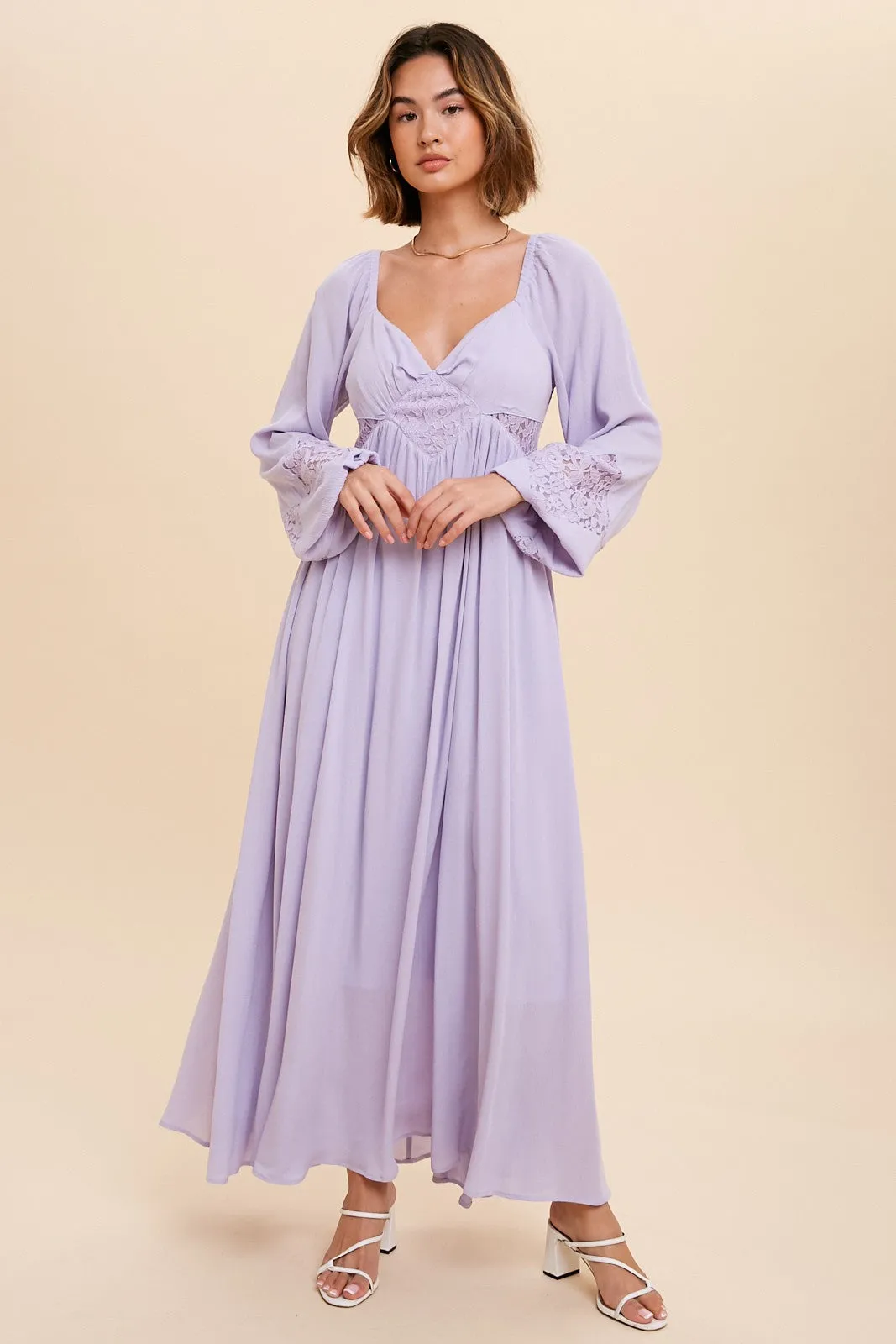 Lavender Lace Accent Long Sleeve Maxi Dress sold by Pinkblush