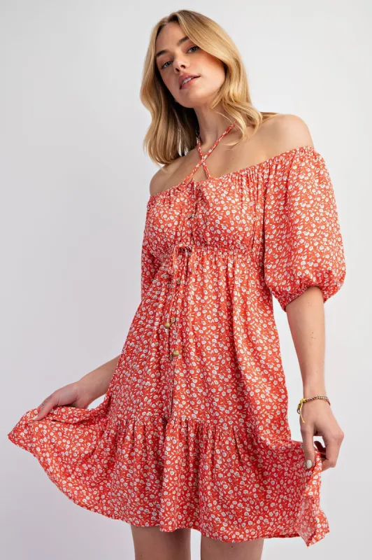 Red Floral Button Front Drawstring Waist Ruffle Dress sold by Pinkblush