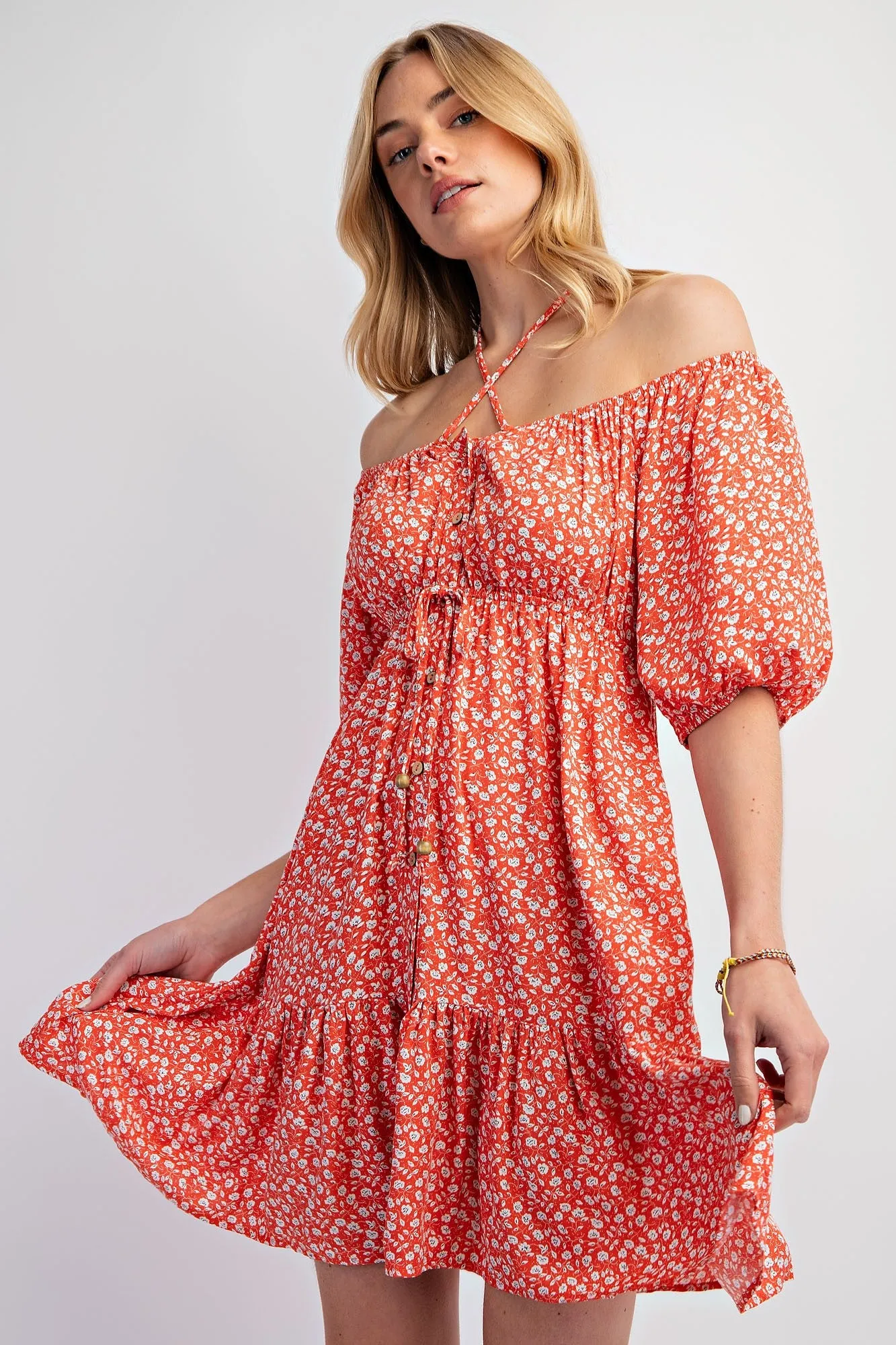 Red Floral Button Front Drawstring Waist Ruffle Dress sold by Pinkblush